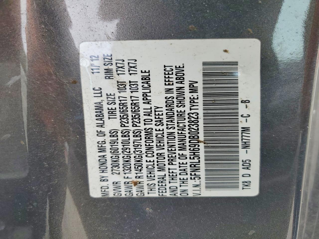 2013 Honda Odyssey Exl Gray vin: 5FNRL5H69DB023823