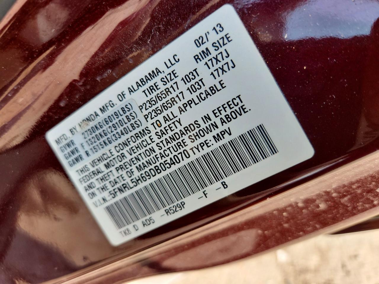 2013 Honda Odyssey Exl Burgundy vin: 5FNRL5H69DB054070