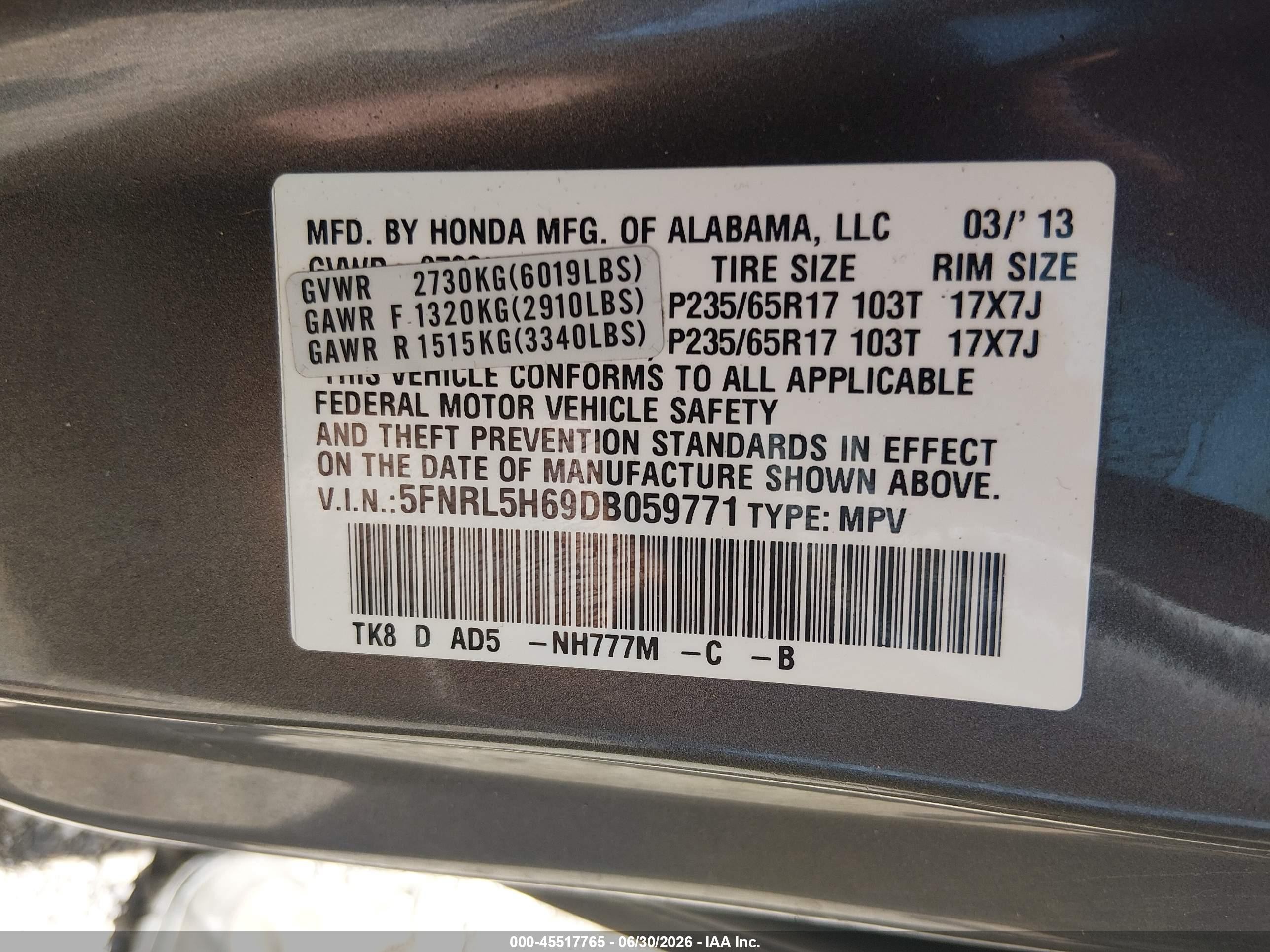 2013 Honda Odyssey Ex-l Серый vin: 5FNRL5H69DB059771