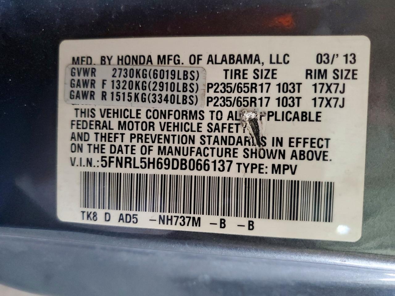 2013 Honda Odyssey Exl Gray vin: 5FNRL5H69DB066137