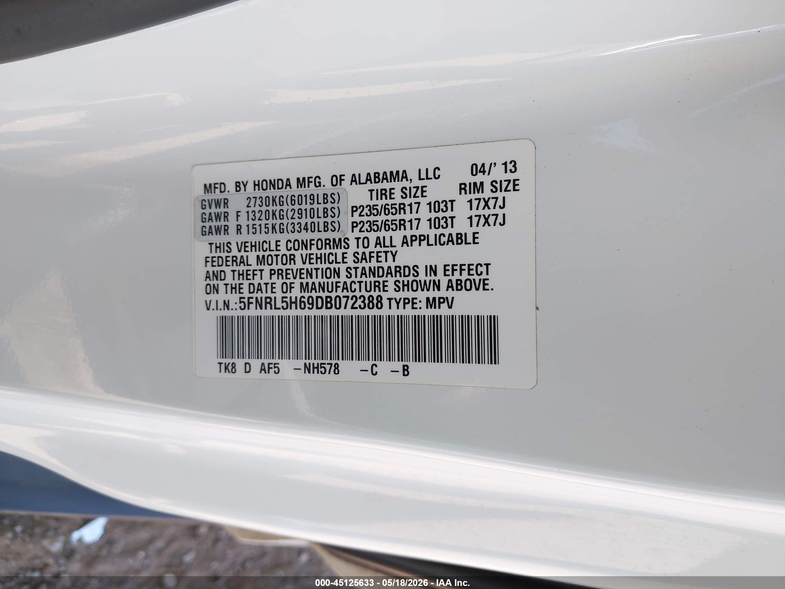 2013 Honda Odyssey Ex-l White vin: 5FNRL5H69DB072388