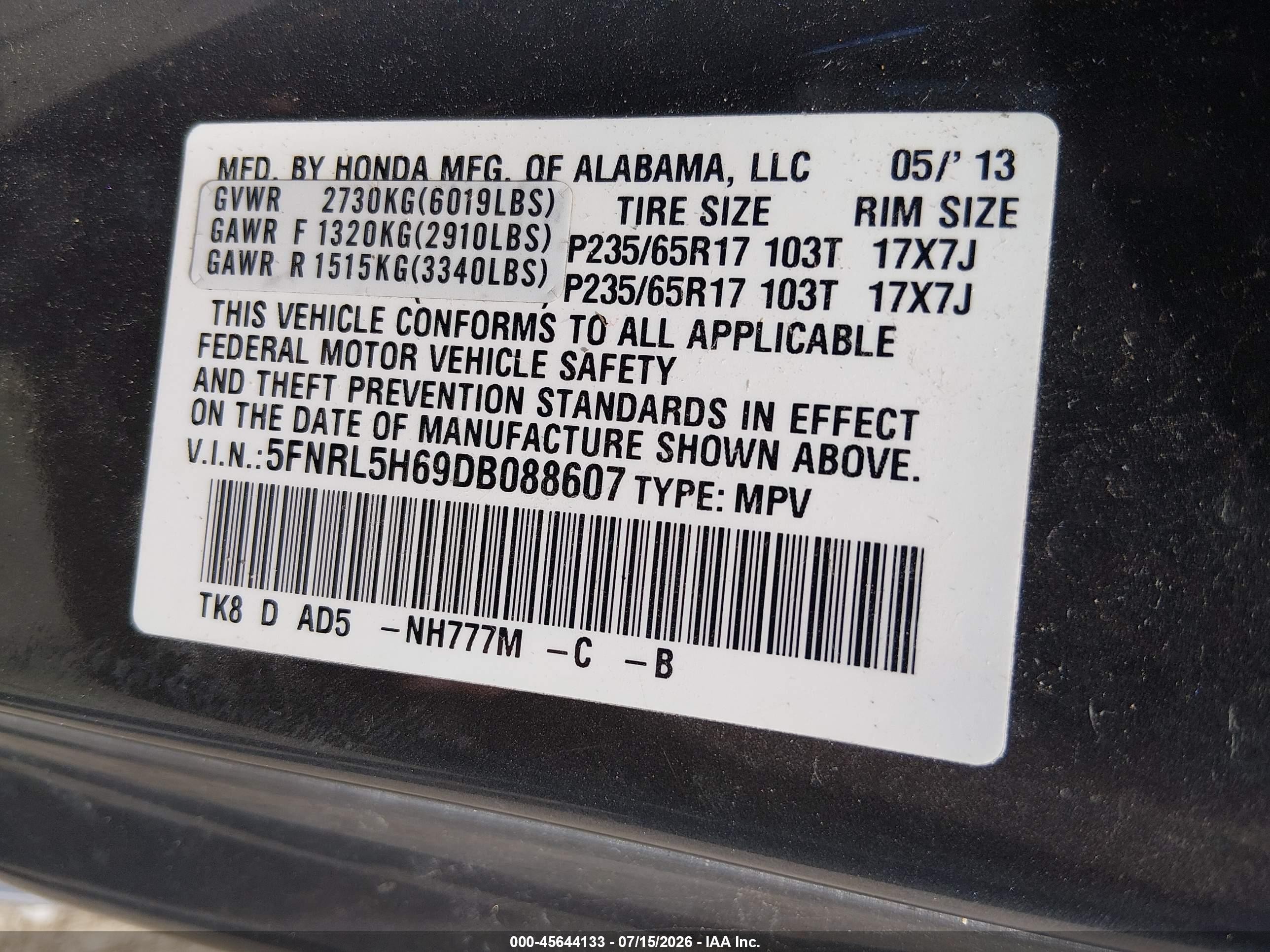 2013 Honda Odyssey Ex-l Gray vin: 5FNRL5H69DB088607
