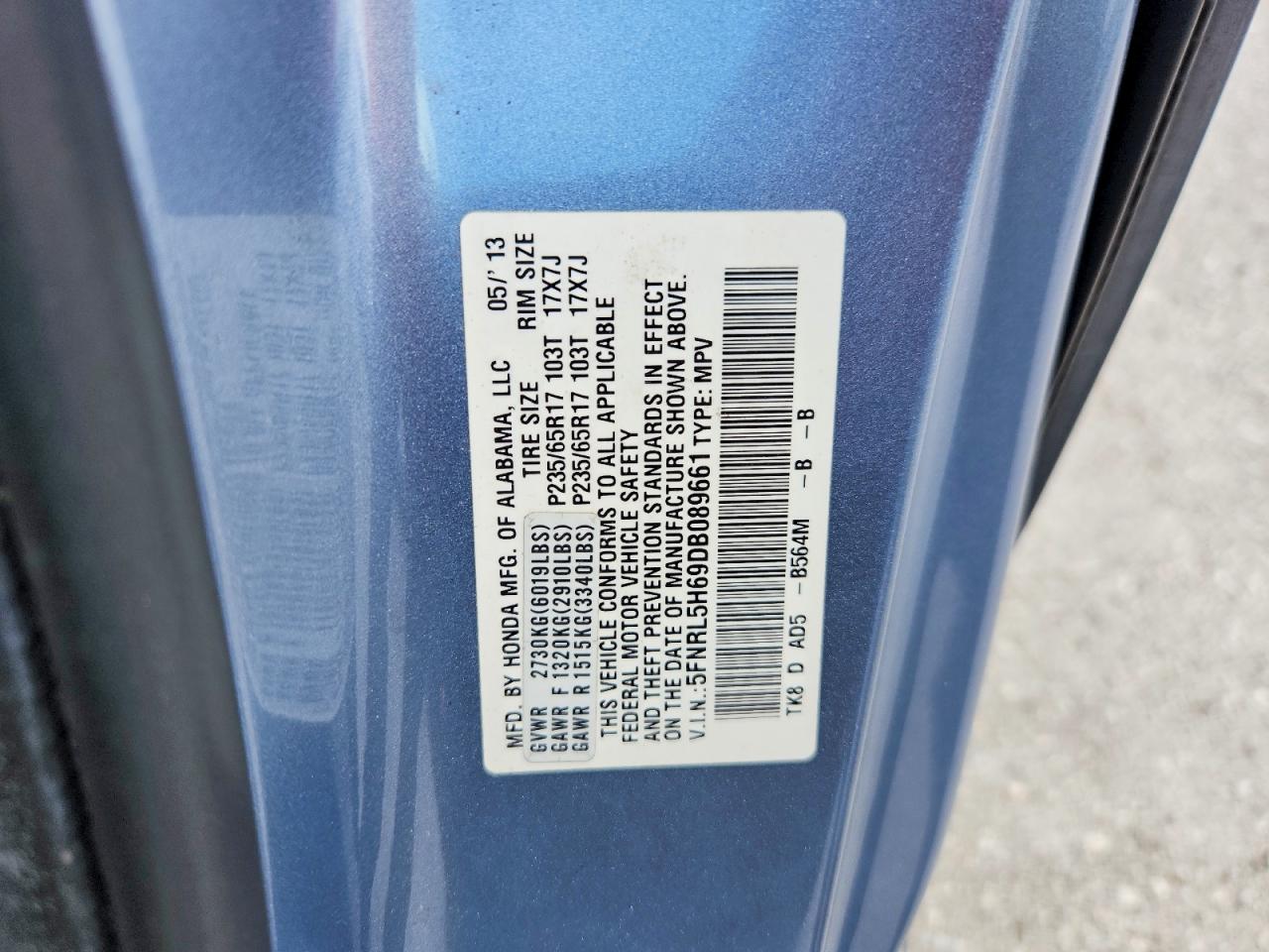 2013 Honda Odyssey Exl Blue vin: 5FNRL5H69DB089661