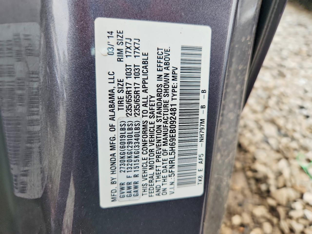 2014 Honda Odyssey Exl Gray vin: 5FNRL5H69EB092481