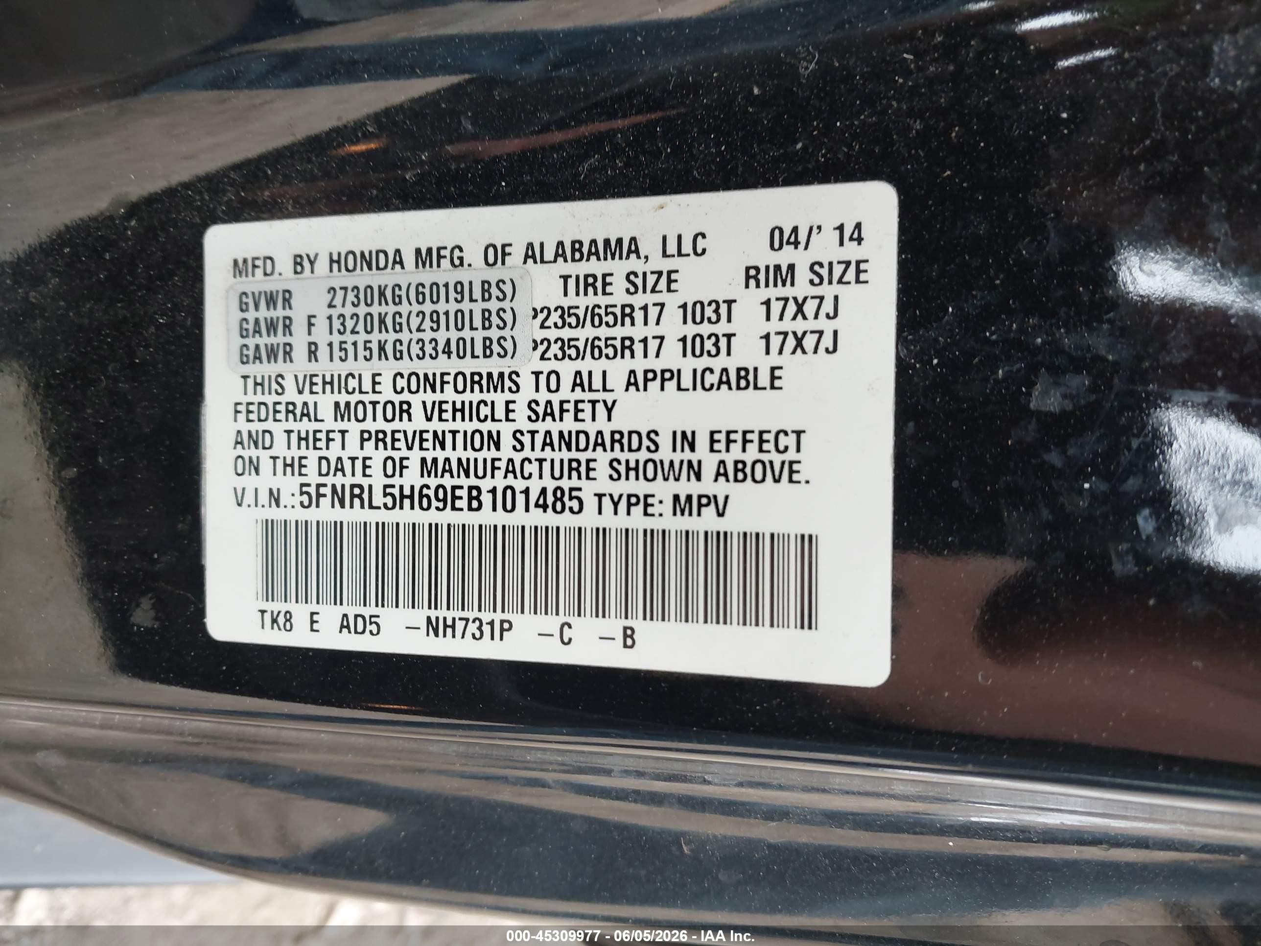 2014 Honda Odyssey Ex-l Black vin: 5FNRL5H69EB101485