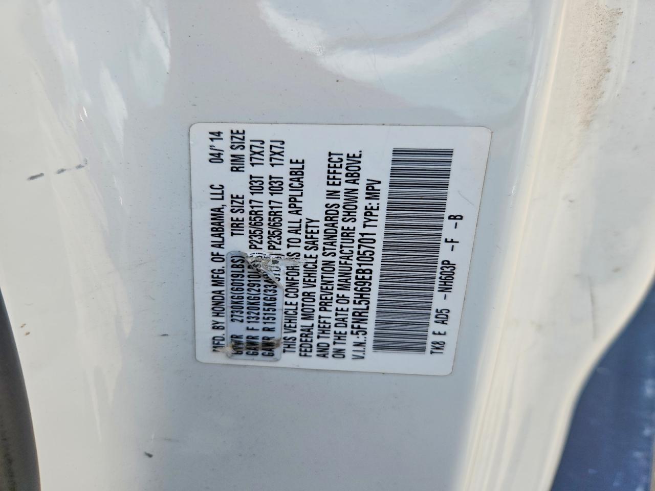 2014 Honda Odyssey Exl White vin: 5FNRL5H69EB105701