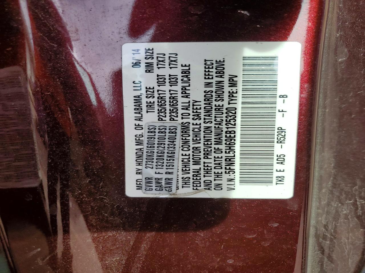 2014 Honda Odyssey Exl Burgundy vin: 5FNRL5H69EB125320