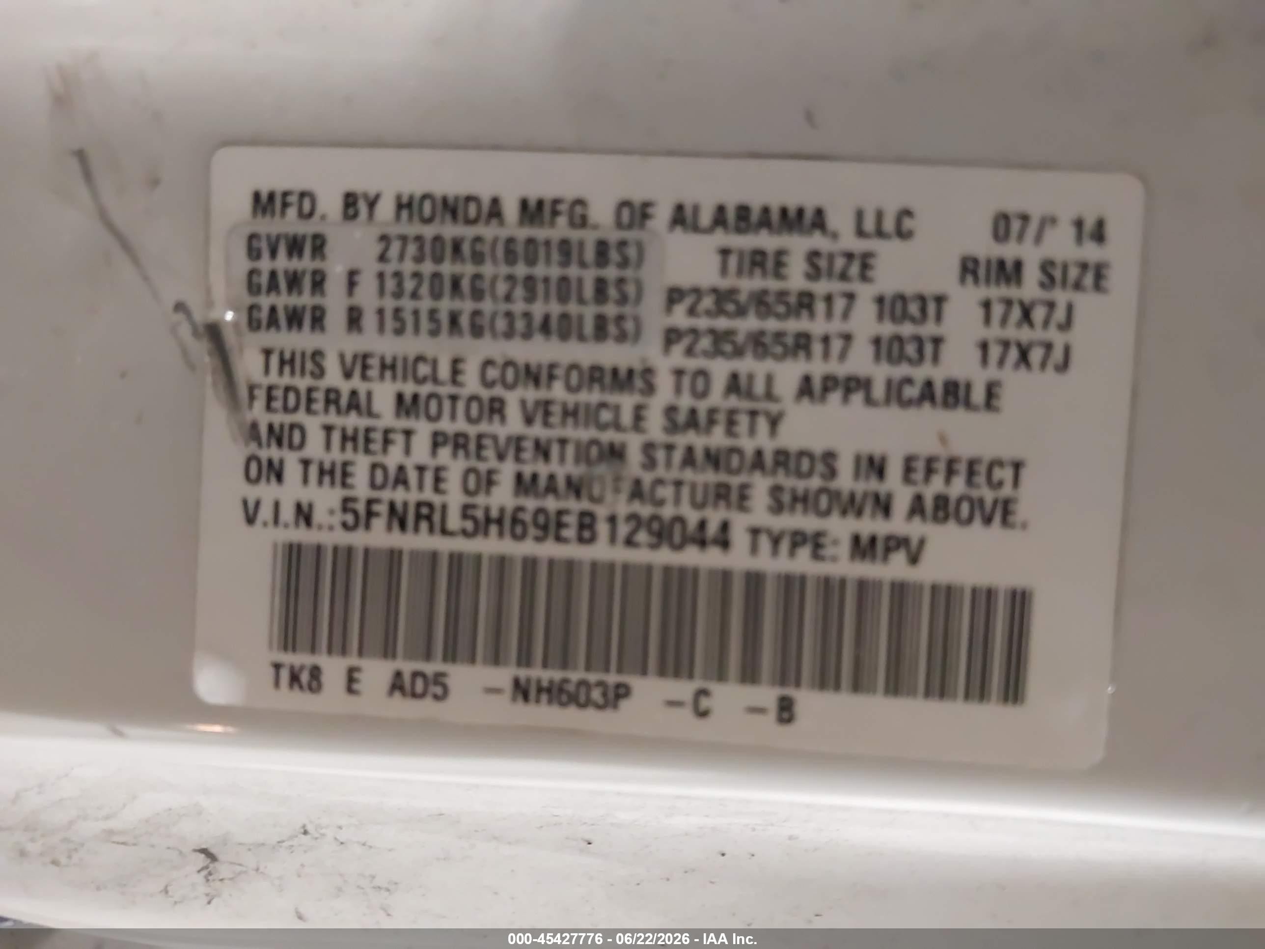 2014 Honda Odyssey Ex-l White vin: 5FNRL5H69EB129044
