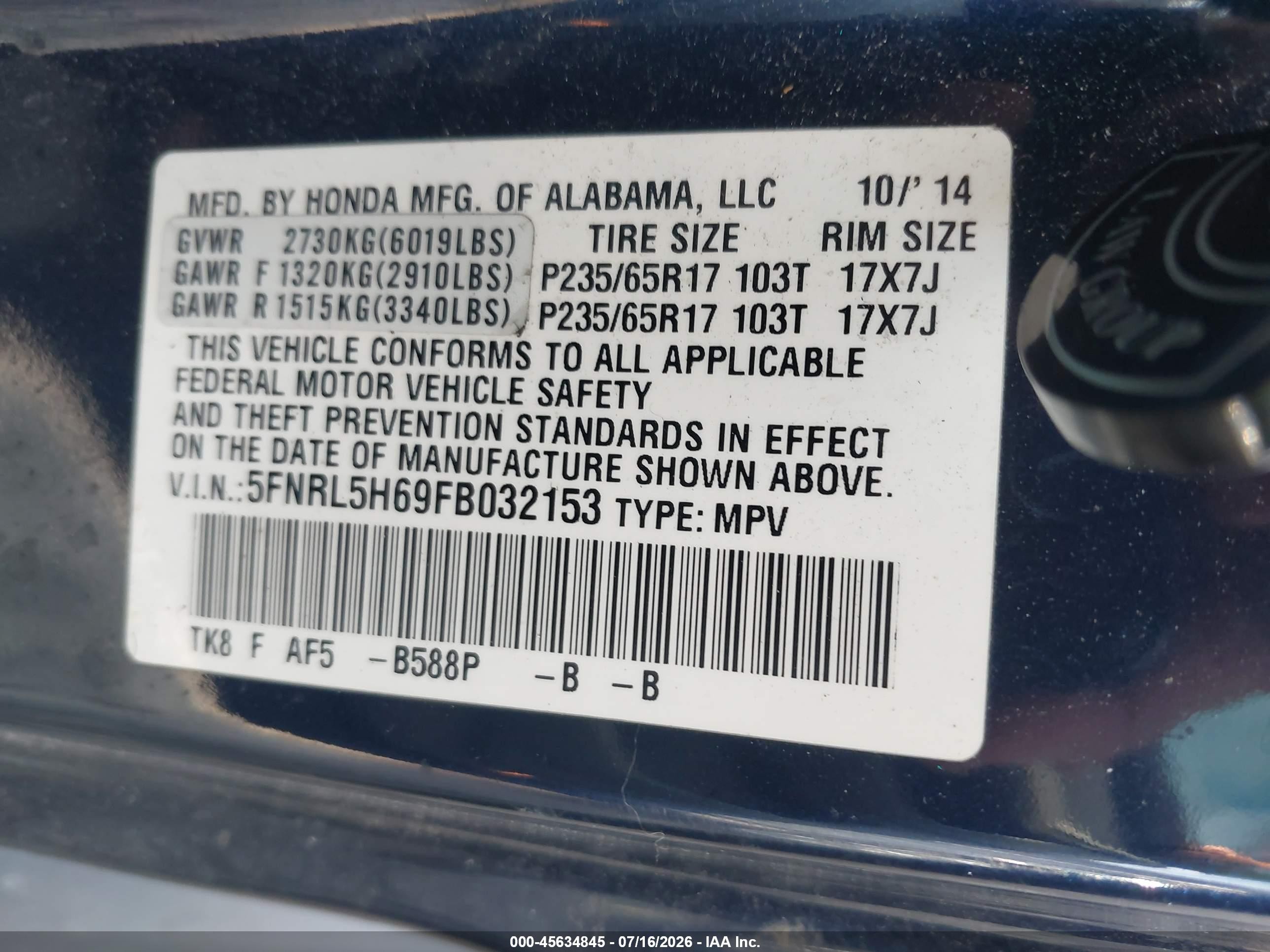 2015 Honda Odyssey Ex-l Blue vin: 5FNRL5H69FB032153