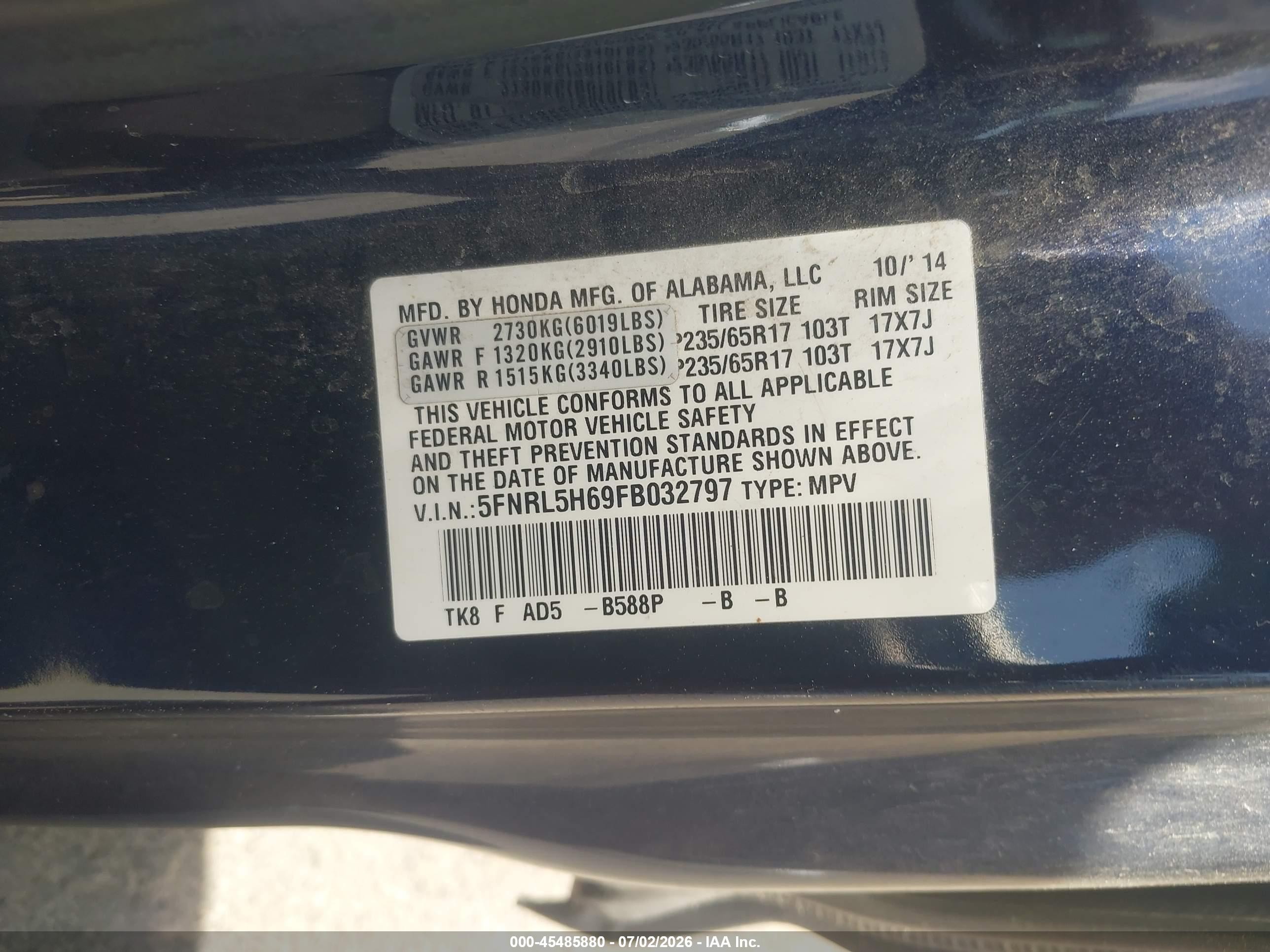 2015 Honda Odyssey Ex-l Blue vin: 5FNRL5H69FB032797
