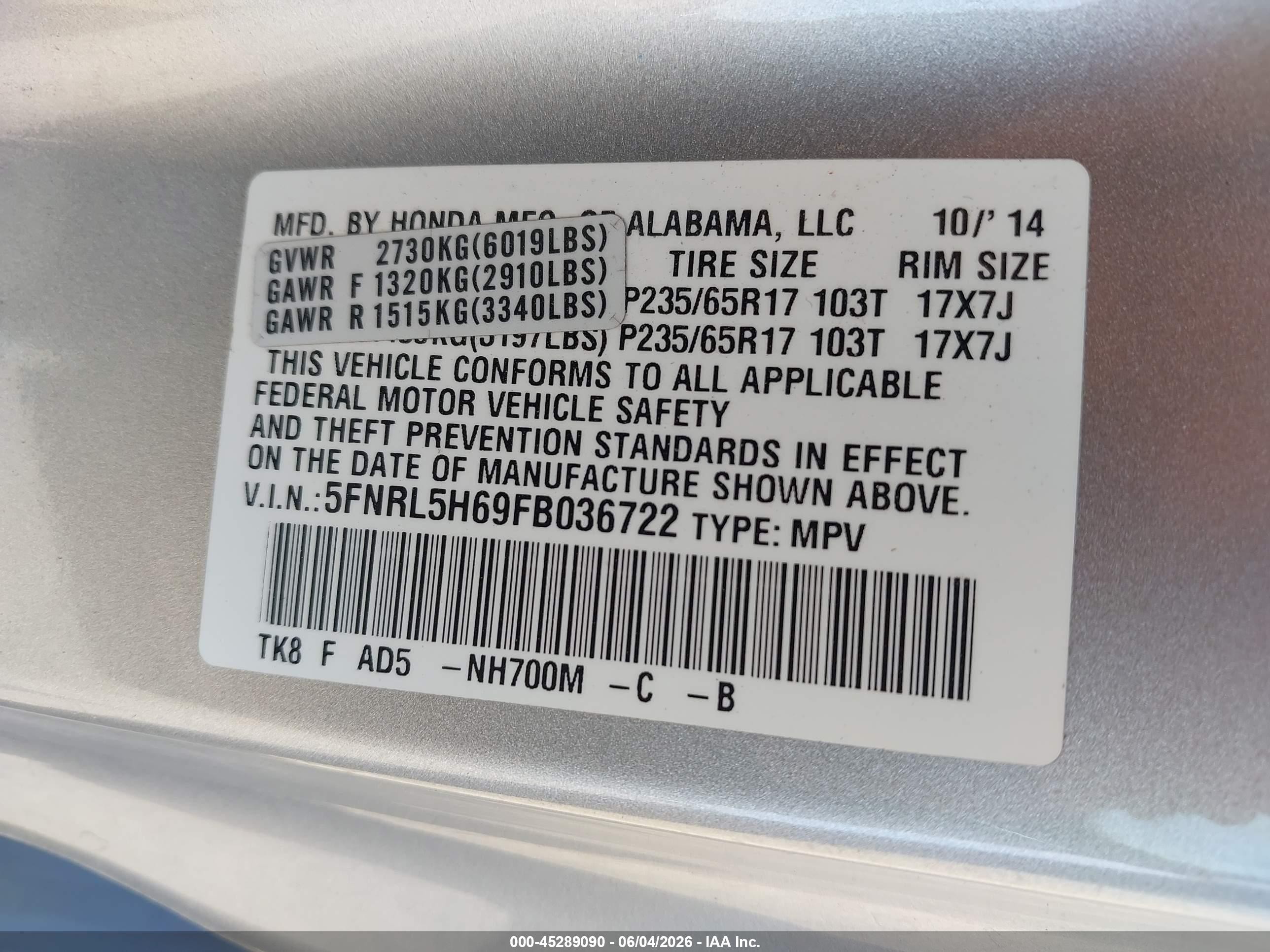 2015 Honda Odyssey Ex-l Silver vin: 5FNRL5H69FB036722