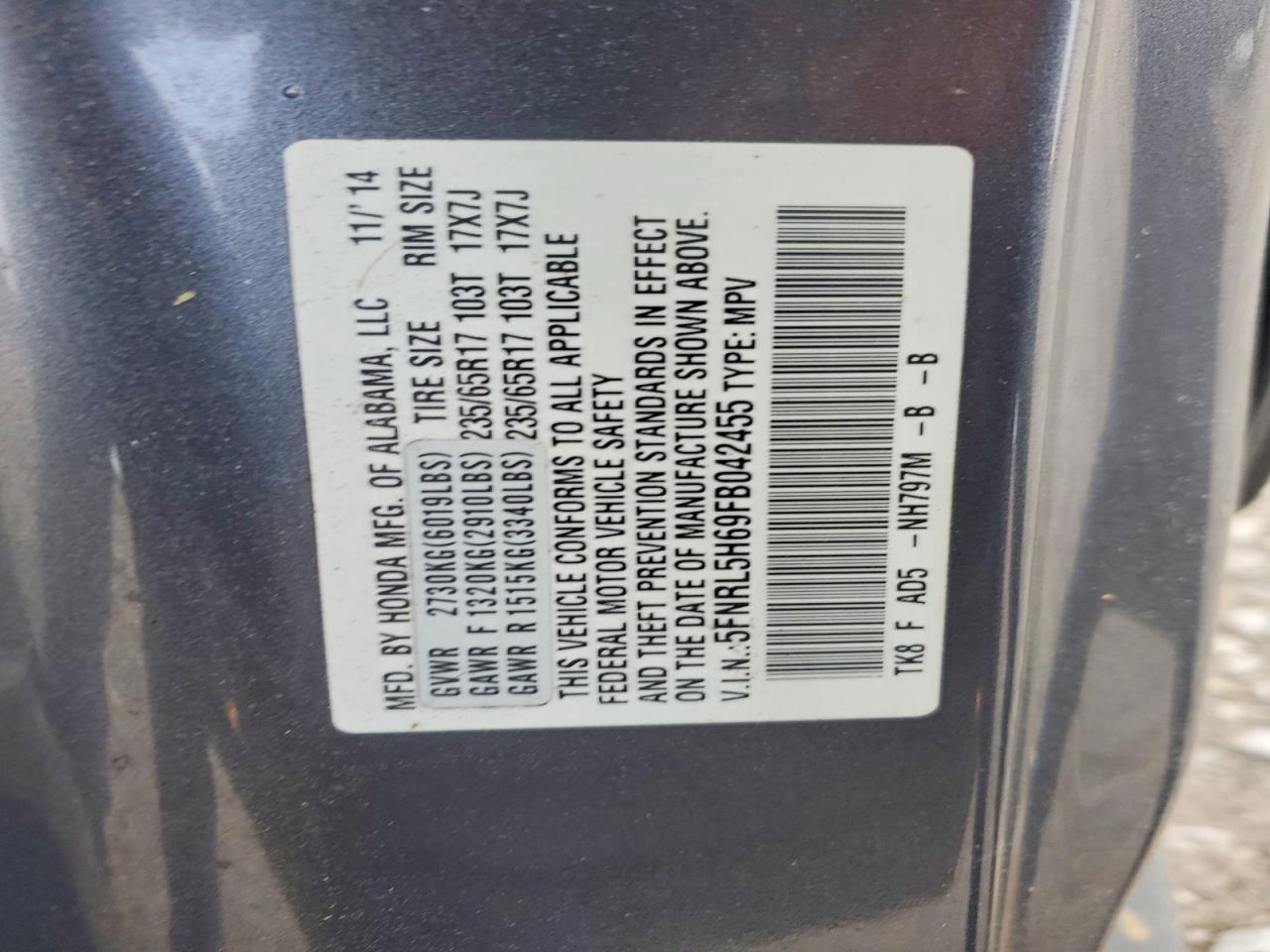 2015 Honda Odyssey Exl Gray vin: 5FNRL5H69FB042455