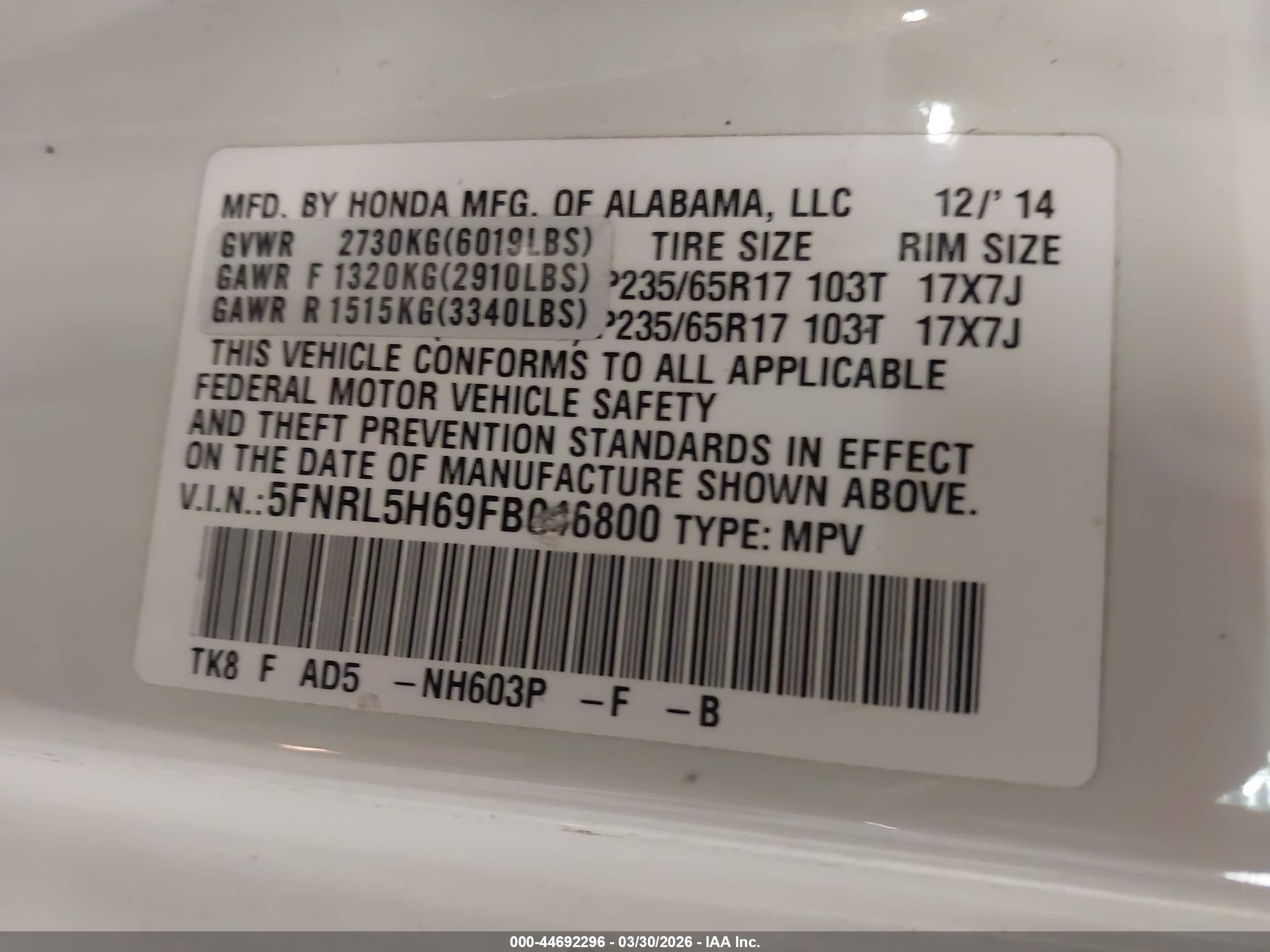 2015 Honda Odyssey Ex-l White vin: 5FNRL5H69FB046800