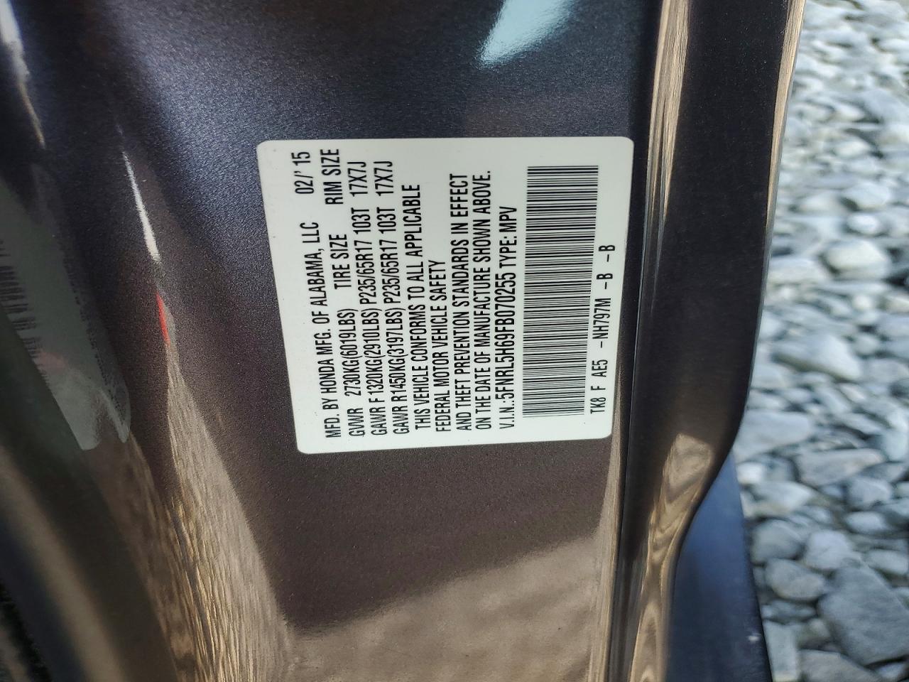 2015 Honda Odyssey Exl Charcoal vin: 5FNRL5H69FB070255