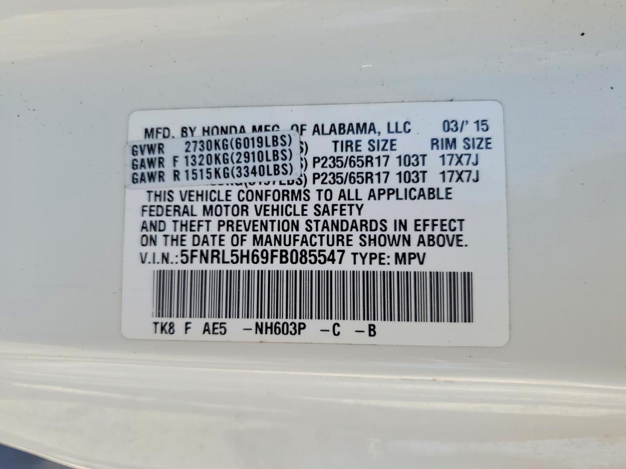 2015 Honda Odyssey Exl White vin: 5FNRL5H69FB085547