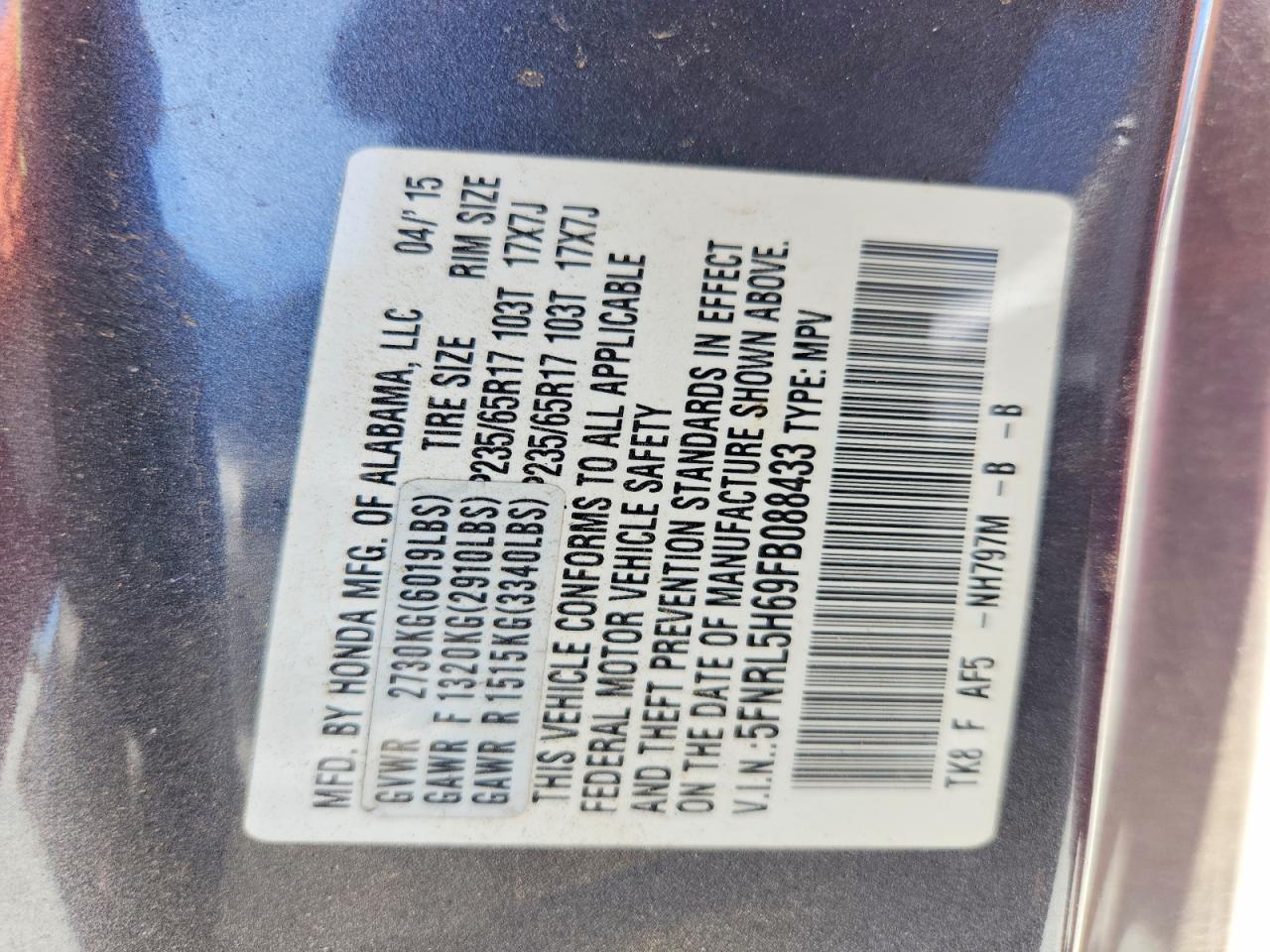2015 Honda Odyssey Exl Charcoal vin: 5FNRL5H69FB088433
