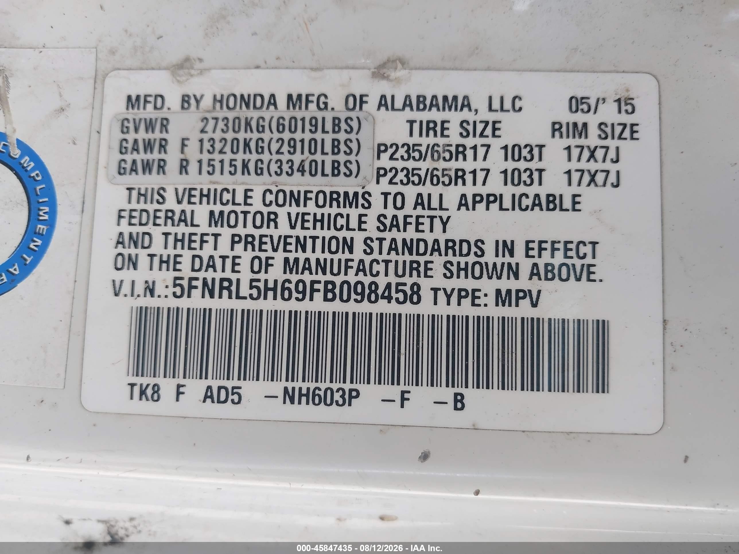 2015 Honda Odyssey Ex-l White vin: 5FNRL5H69FB098458