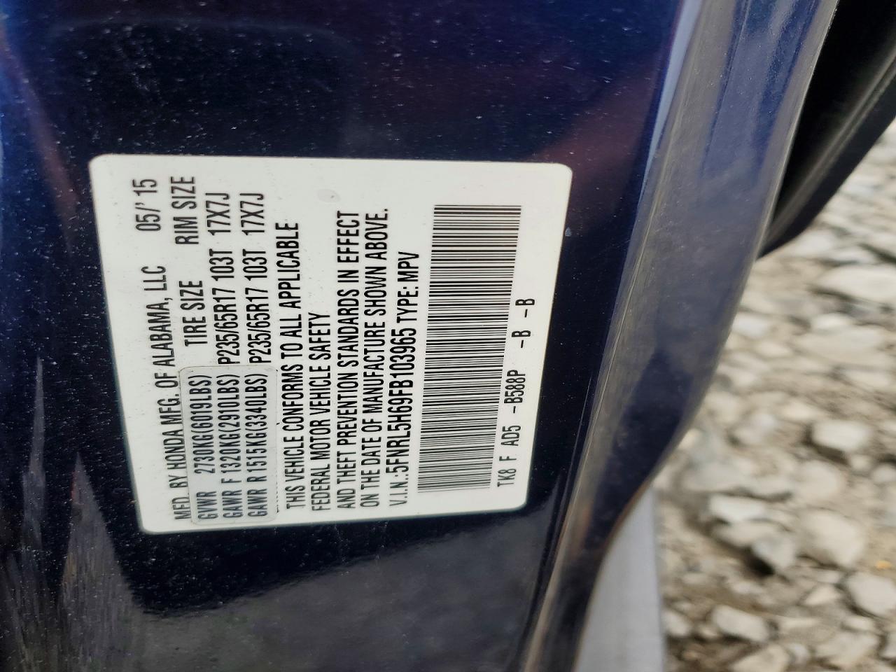 2015 Honda Odyssey Exl Blue vin: 5FNRL5H69FB103965
