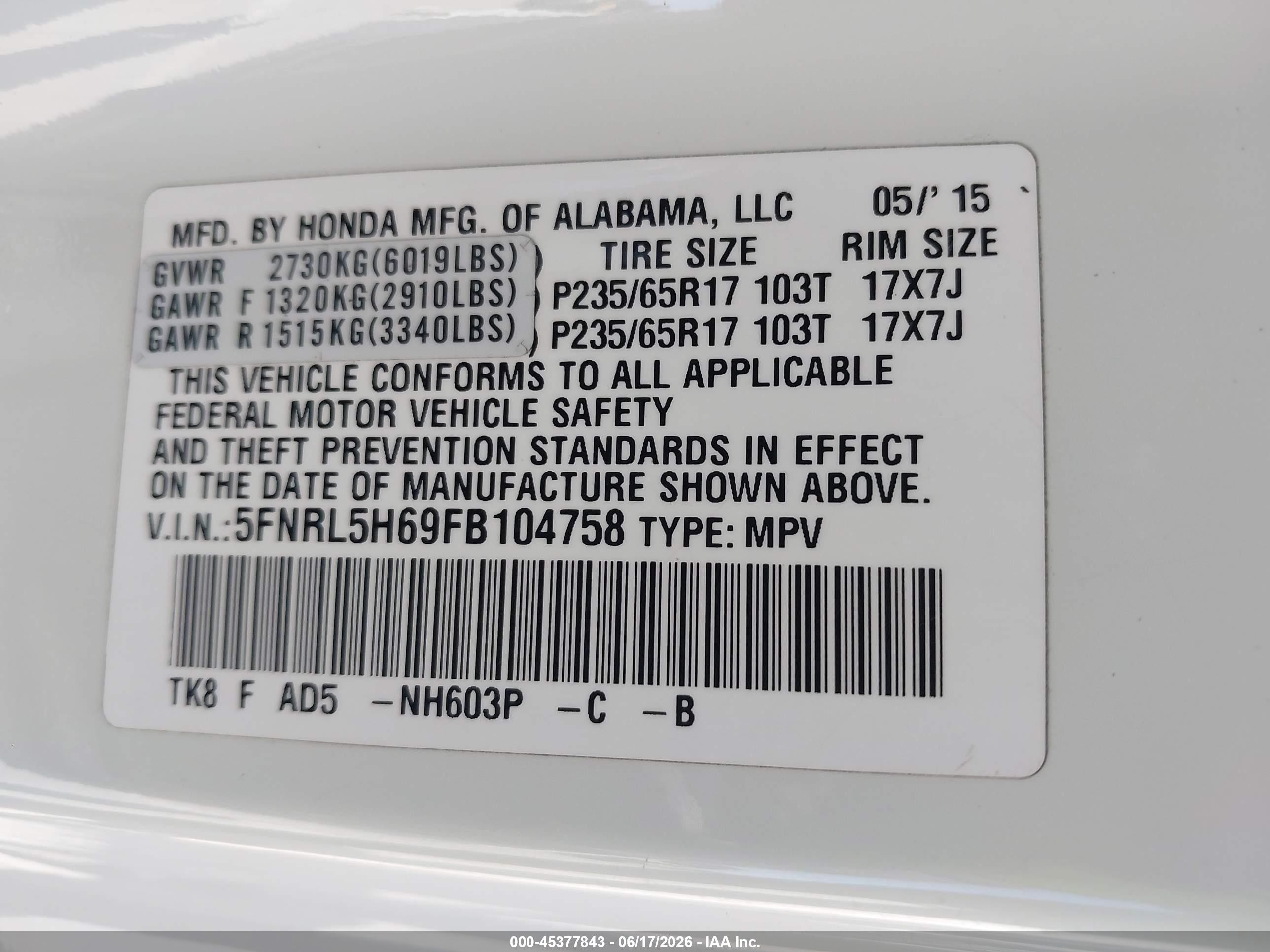 2015 Honda Odyssey Ex-l White vin: 5FNRL5H69FB104758