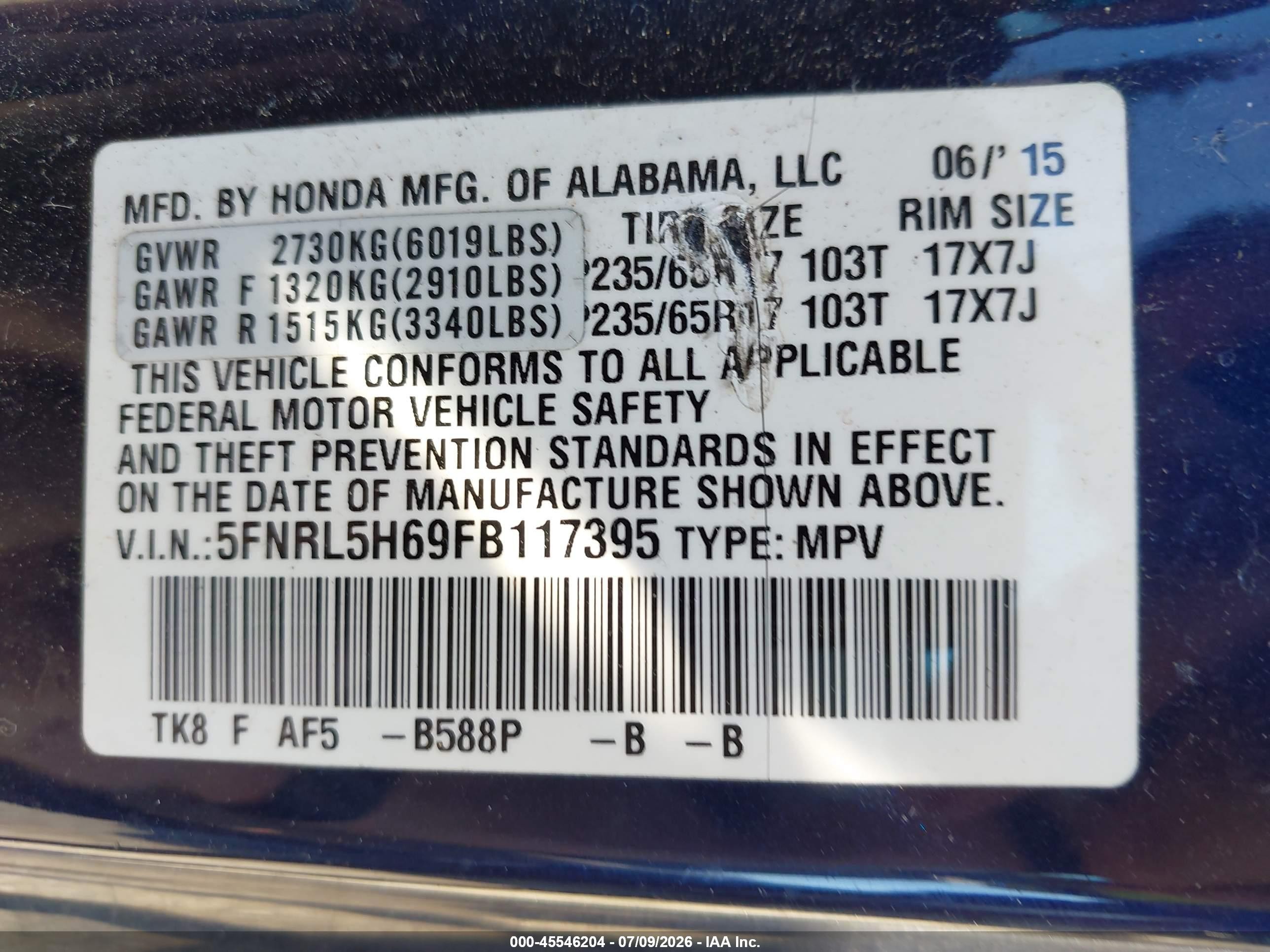 2015 Honda Odyssey Ex-l Dark Blue vin: 5FNRL5H69FB117395
