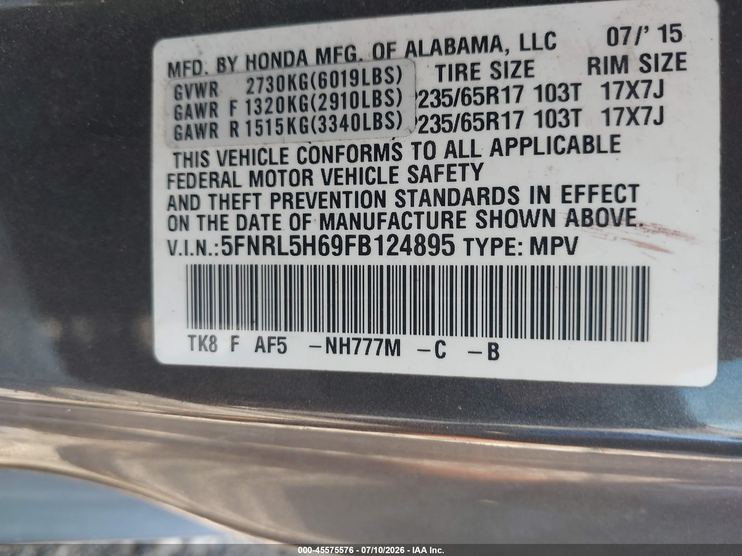 2015 Honda Odyssey Ex-l Серый vin: 5FNRL5H69FB124895