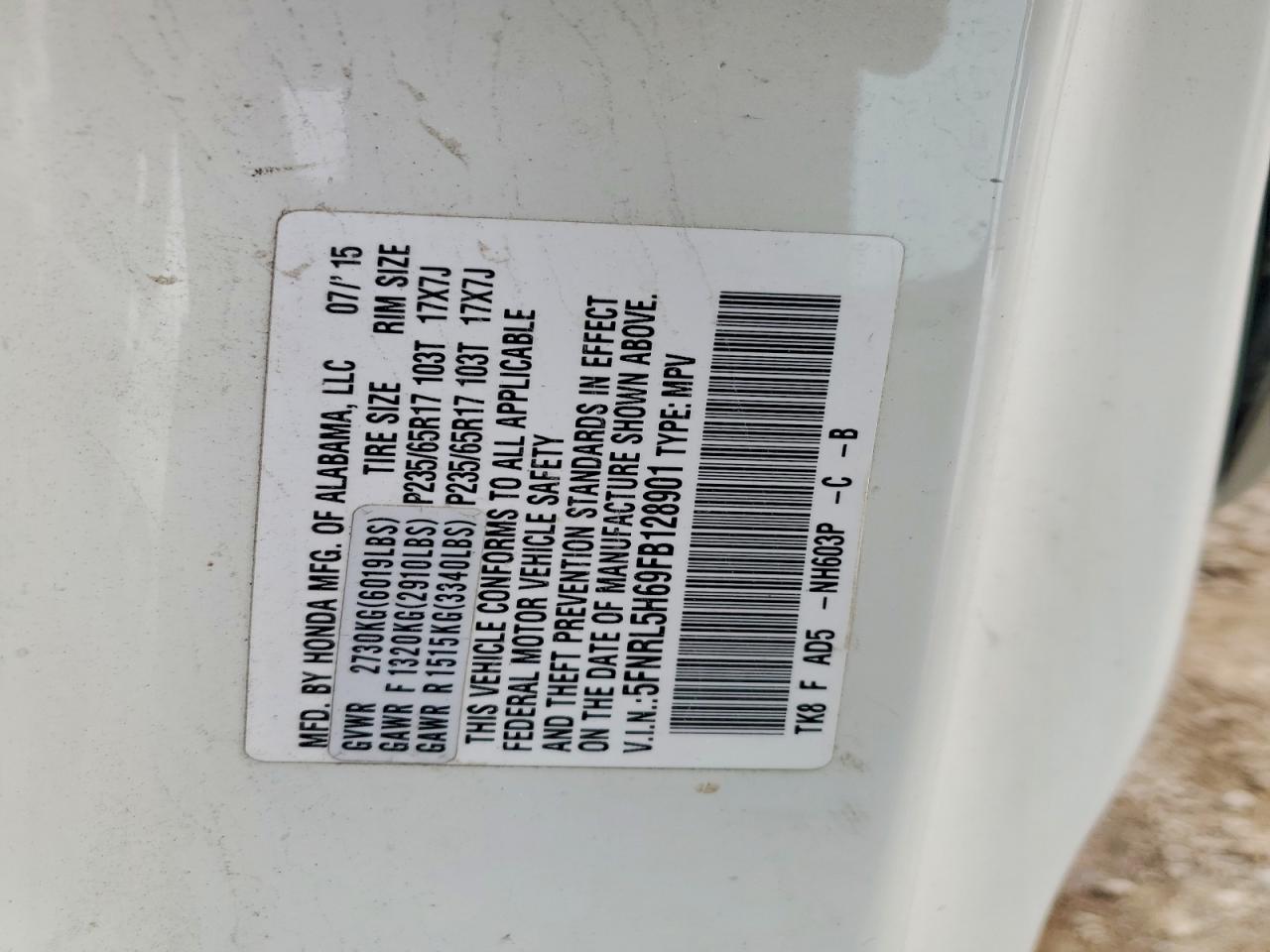 2015 Honda Odyssey Exl White vin: 5FNRL5H69FB128901
