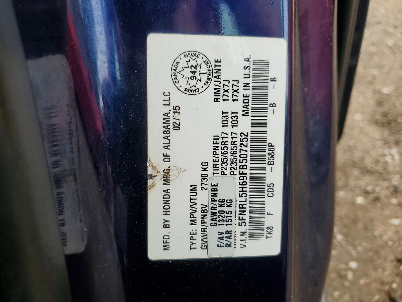 2015 Honda Odysseyexl Blue vin: 5FNRL5H69FB507252