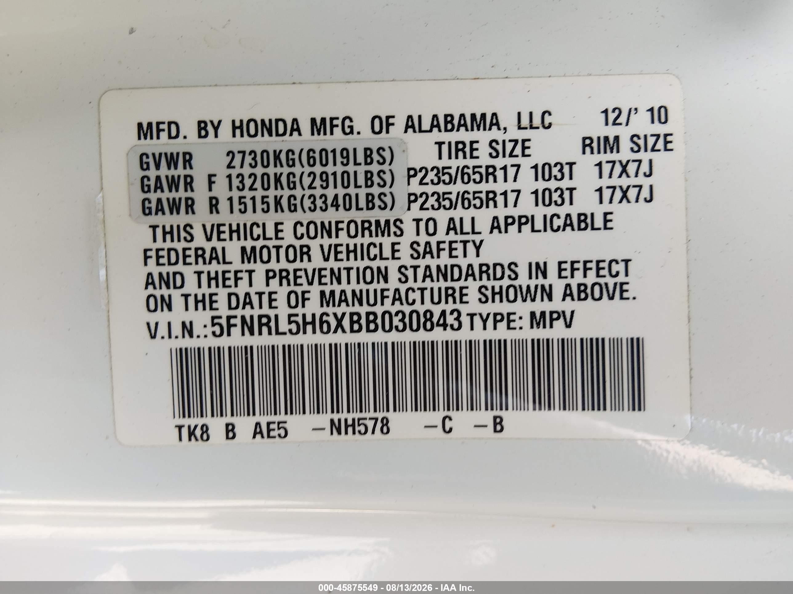 2011 Honda Odyssey Ex-l White vin: 5FNRL5H6XBB030843