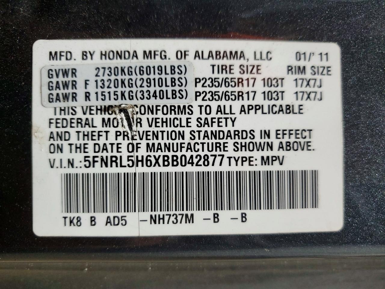 2011 Honda Odyssey Exl Gray vin: 5FNRL5H6XBB042877