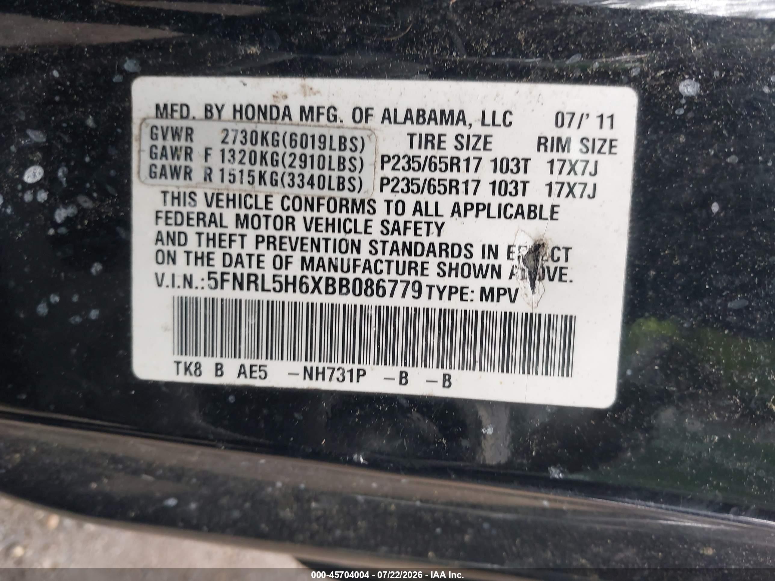 2011 Honda Odyssey Ex-l Black vin: 5FNRL5H6XBB086779