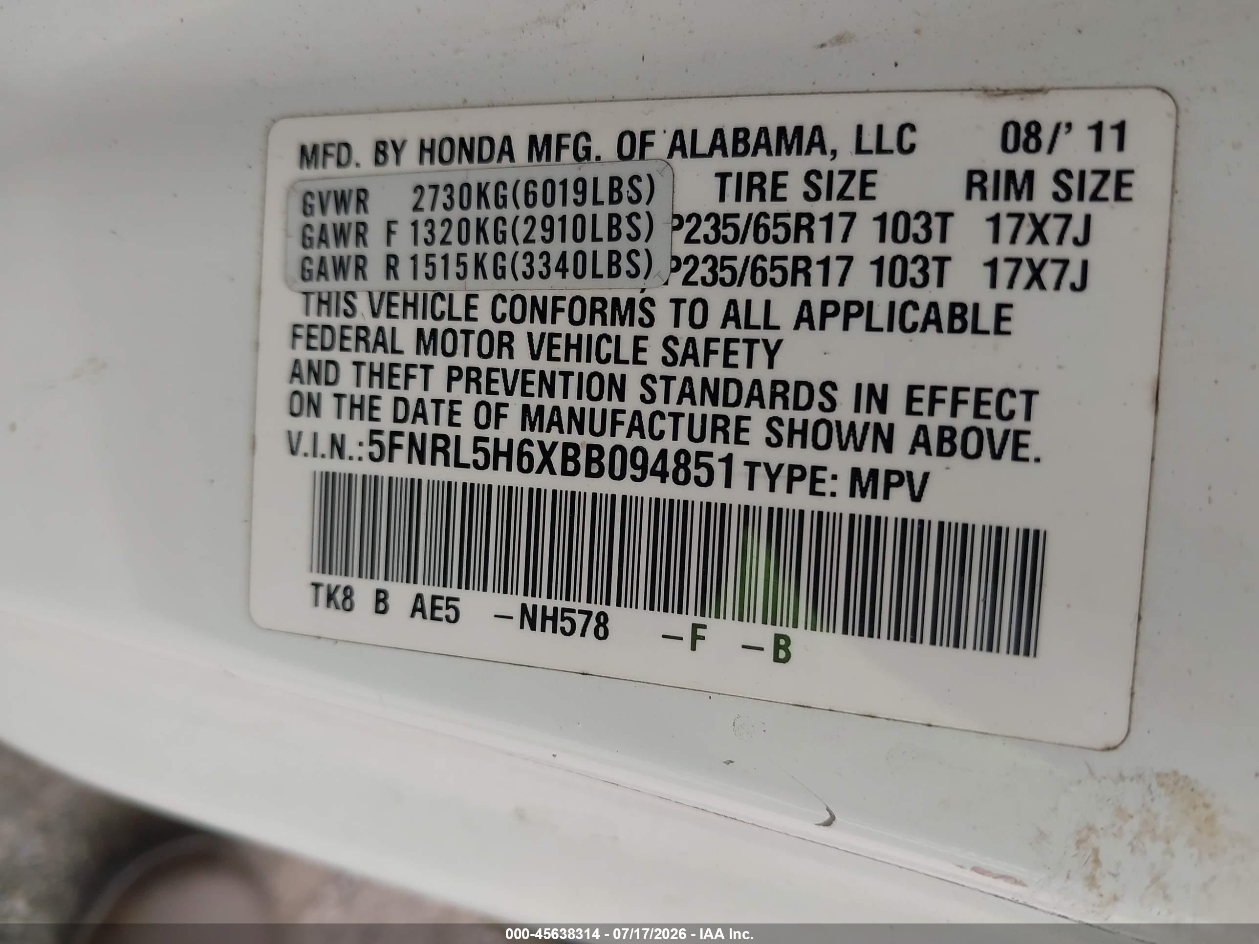 2011 Honda Odyssey Ex-l White vin: 5FNRL5H6XBB094851