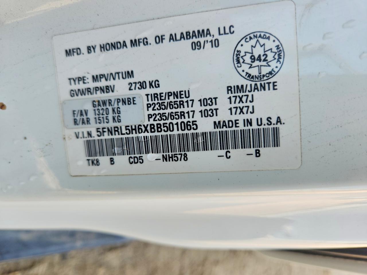 2011 Honda Odyssey Exl White vin: 5FNRL5H6XBB501065