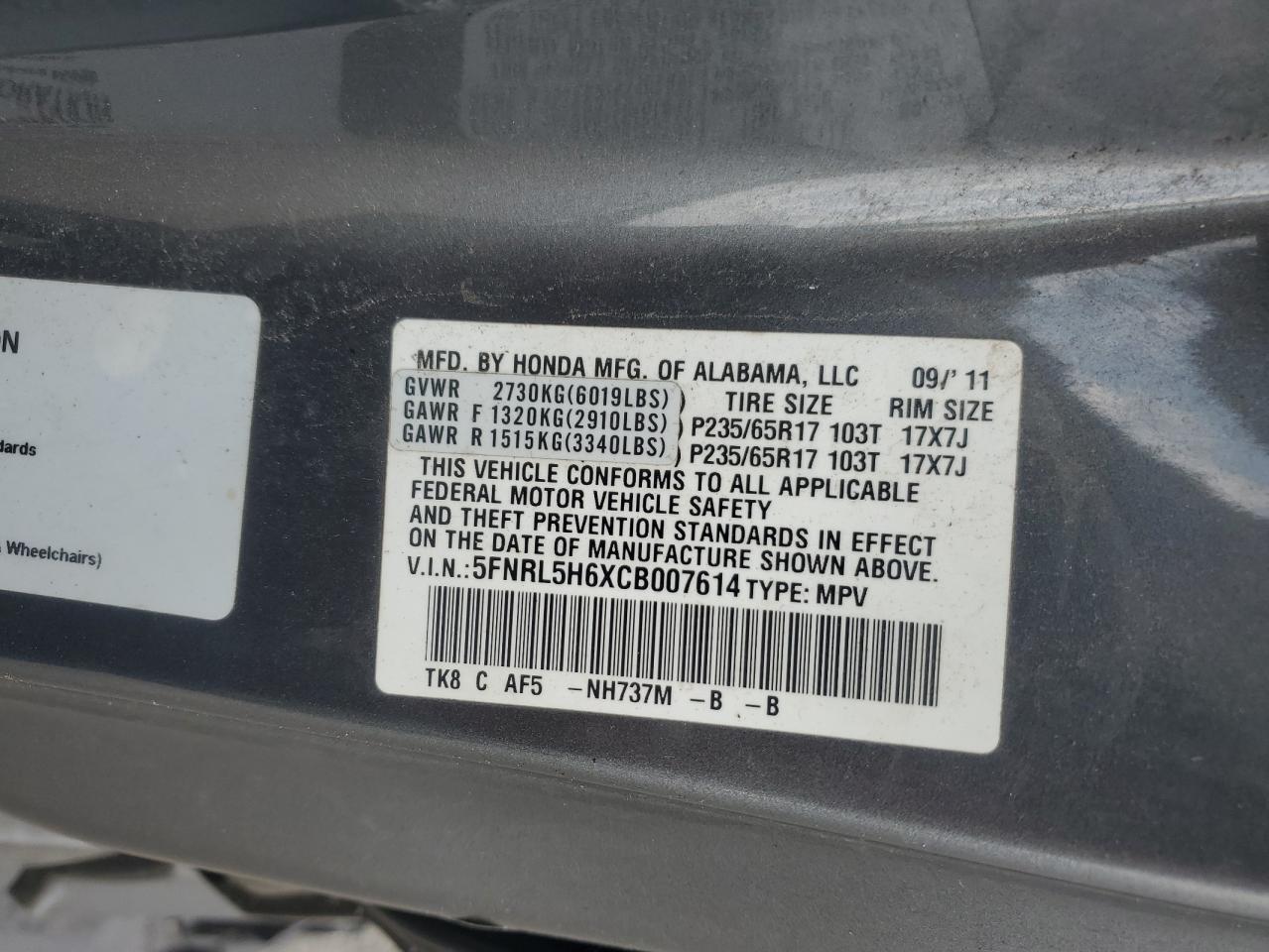 2012 Honda Odyssey Exl Gray vin: 5FNRL5H6XCB007614