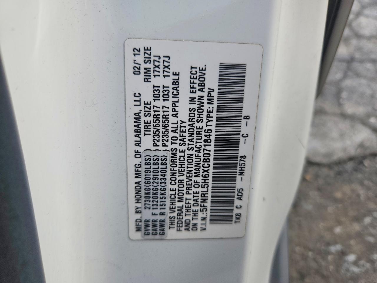 2012 Honda Odyssey Exl White vin: 5FNRL5H6XCB071846