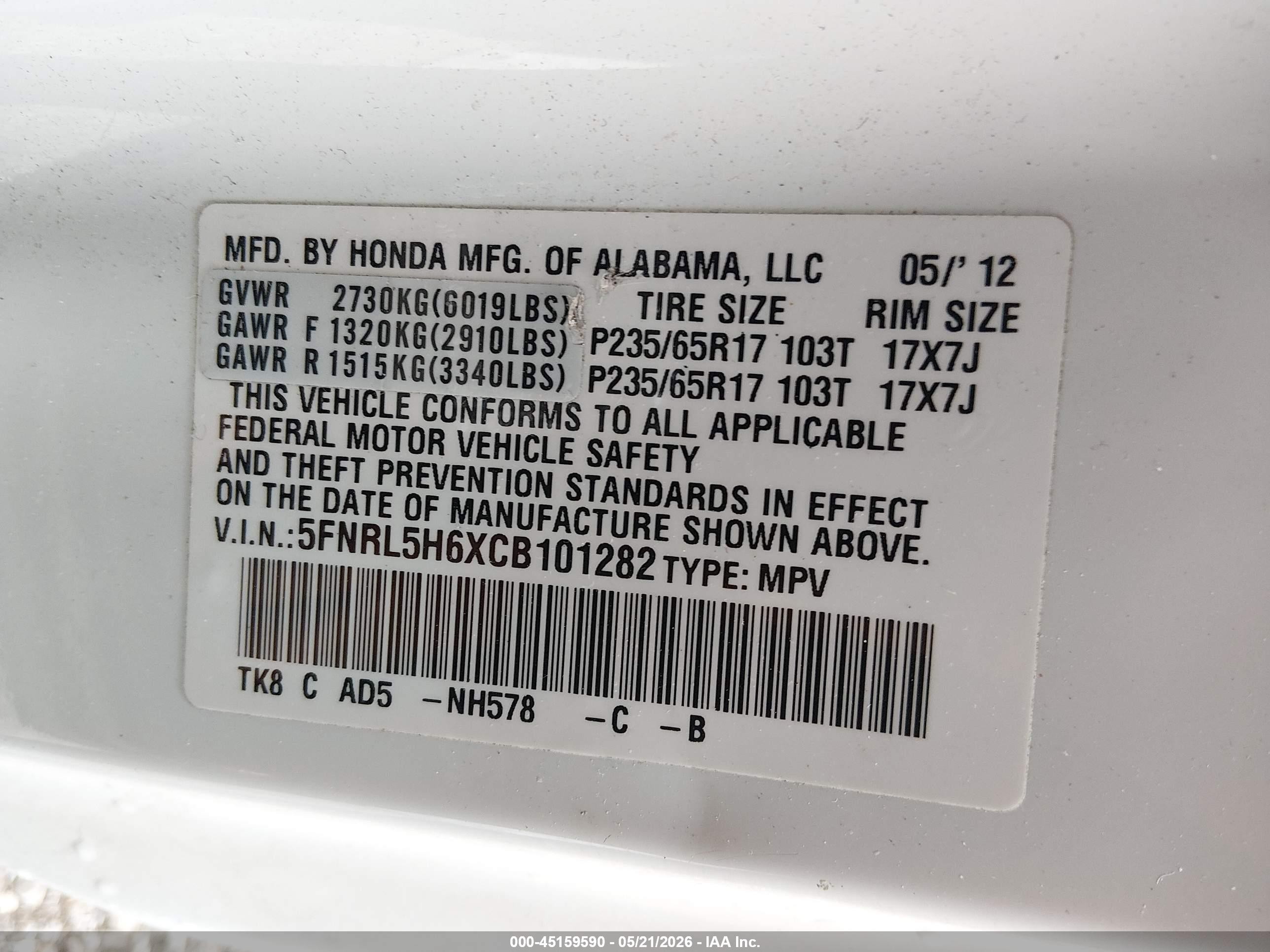 2012 Honda Odyssey Ex-l White vin: 5FNRL5H6XCB101282