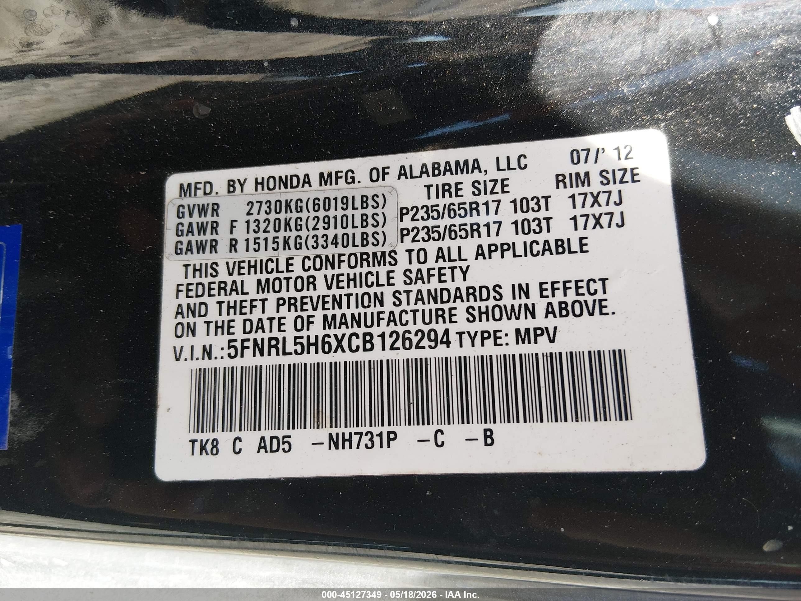 2012 Honda Odyssey Ex-l White vin: 5FNRL5H6XCB126294
