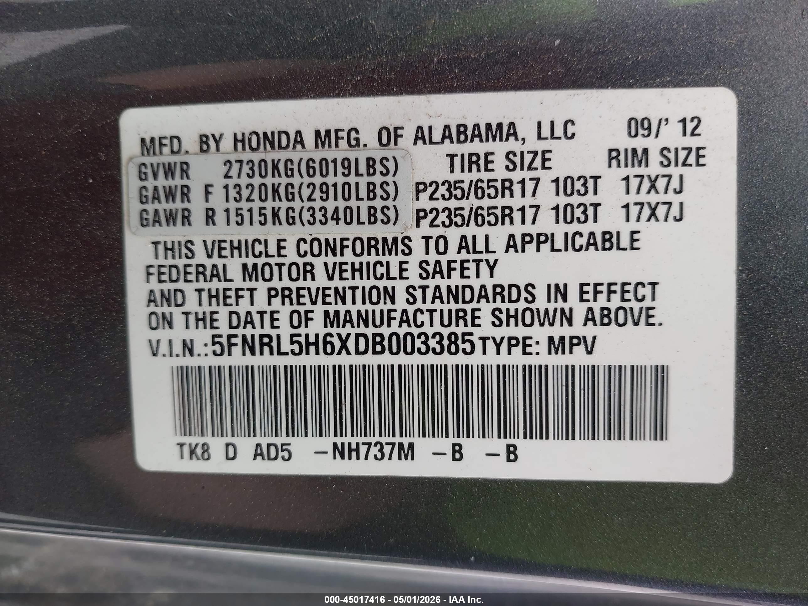 2013 Honda Odyssey Ex-l Gray vin: 5FNRL5H6XDB003385