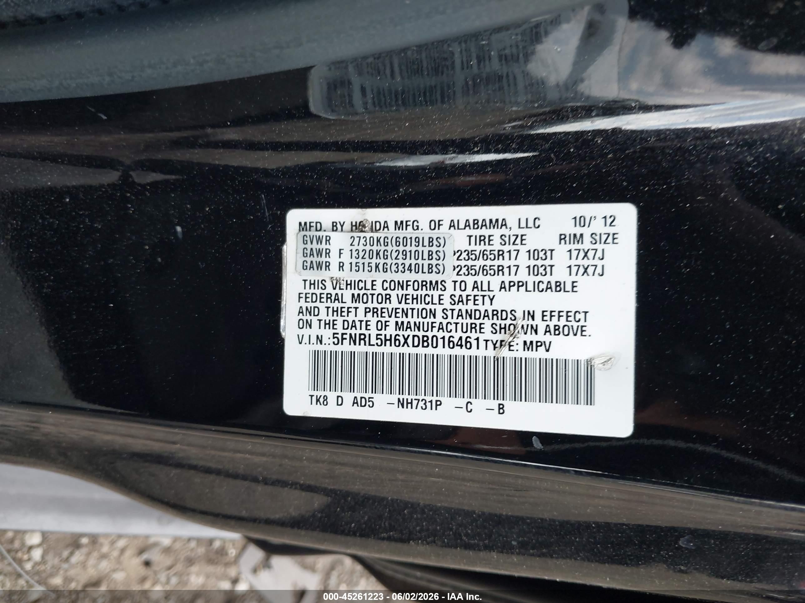 2013 Honda Odyssey Ex-l Black vin: 5FNRL5H6XDB016461