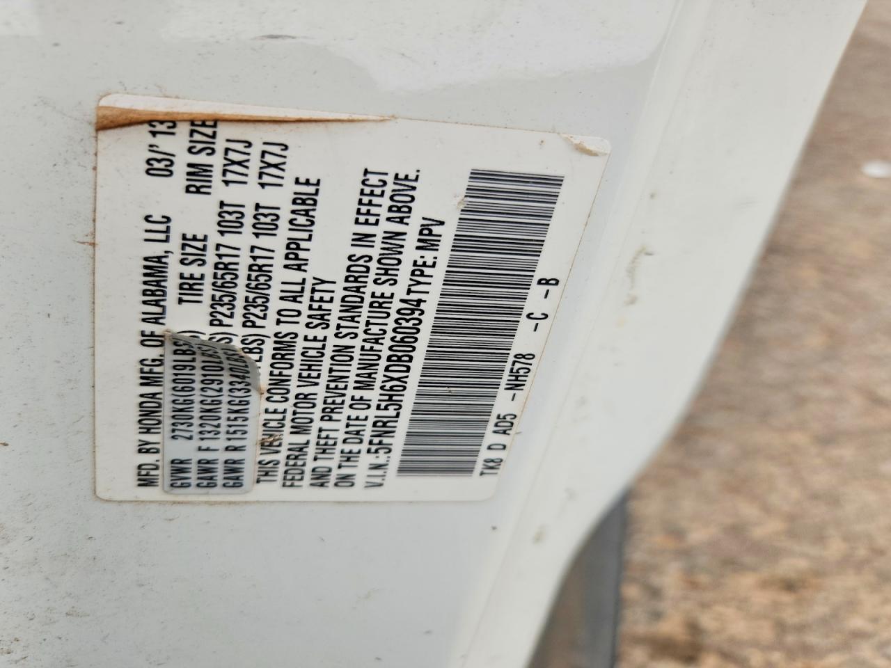 2013 Honda Odyssey Exl White vin: 5FNRL5H6XDB060394