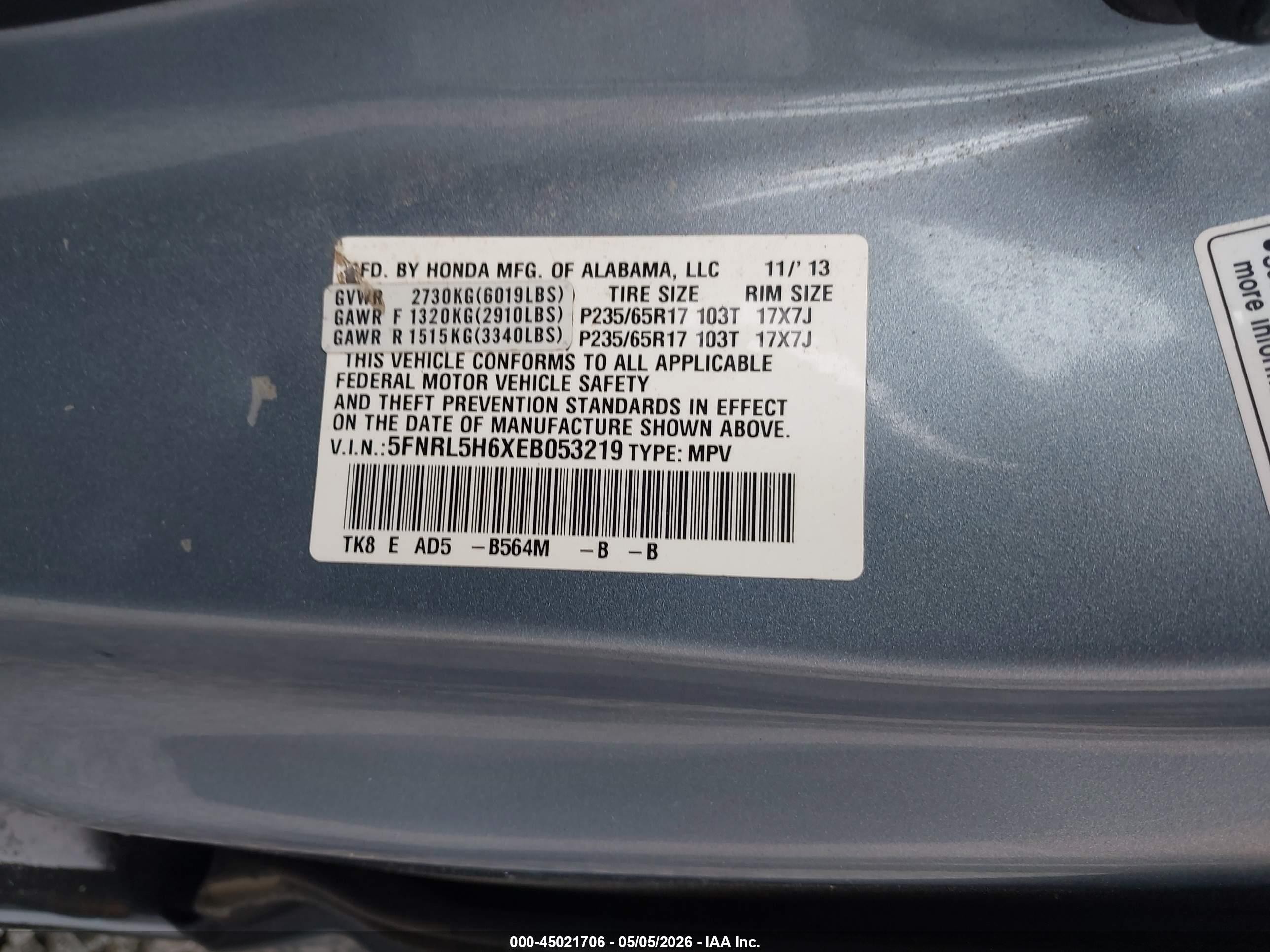 2014 Honda Odyssey Ex-l Blue vin: 5FNRL5H6XEB053219