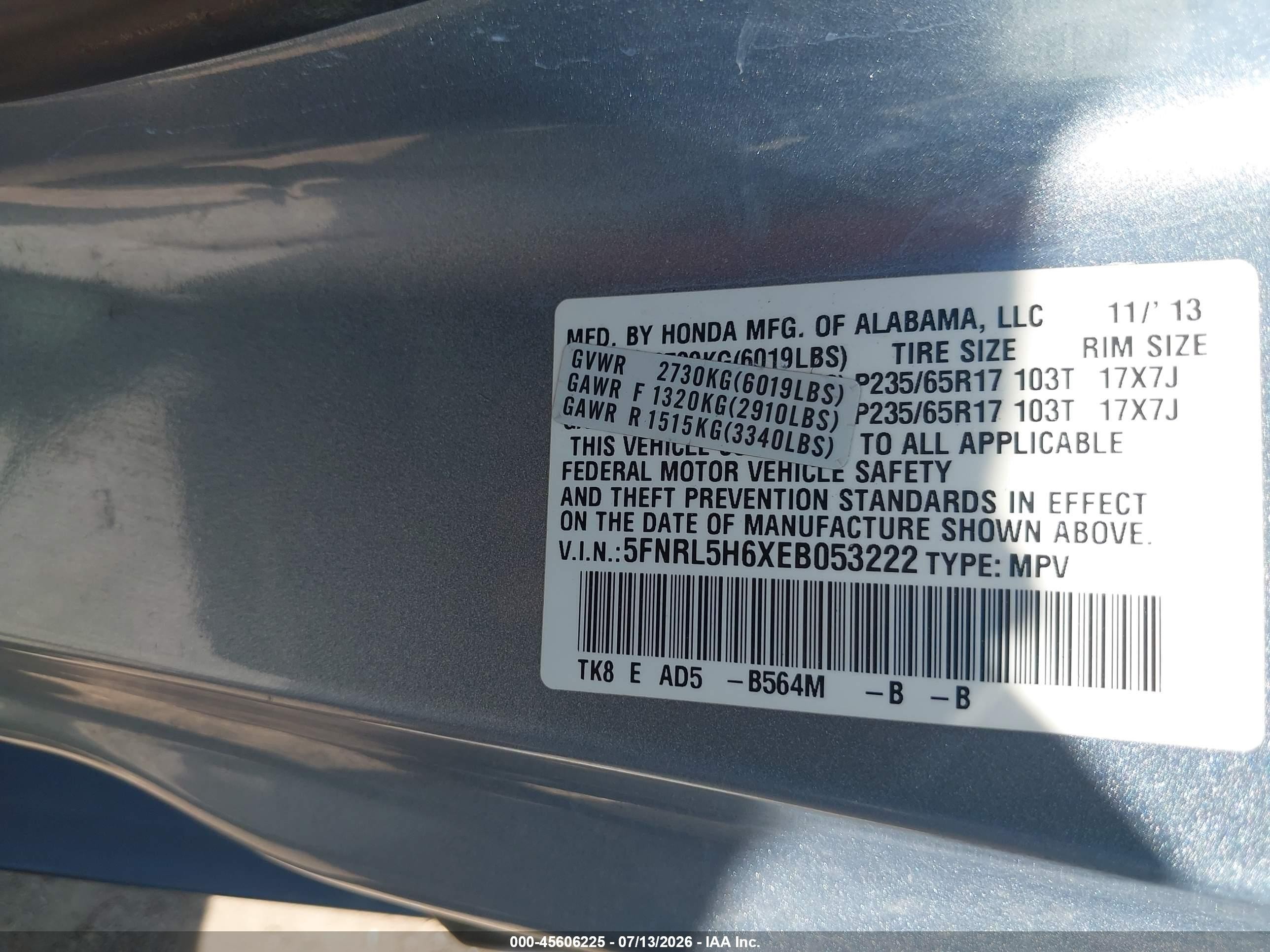 2014 Honda Odyssey Ex-l Blue vin: 5FNRL5H6XEB053222
