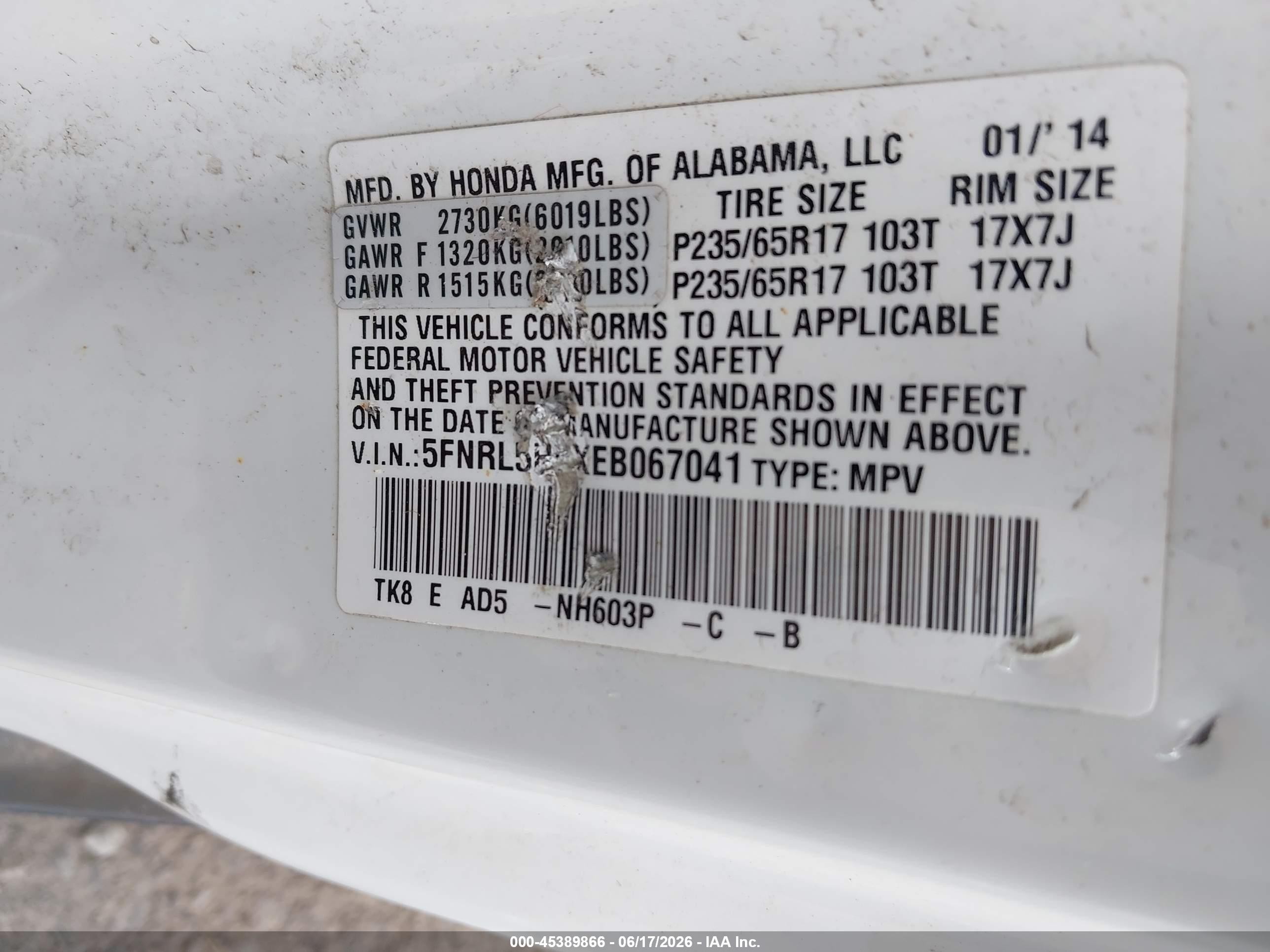 2014 Honda Odyssey Ex-l White vin: 5FNRL5H6XEB067041