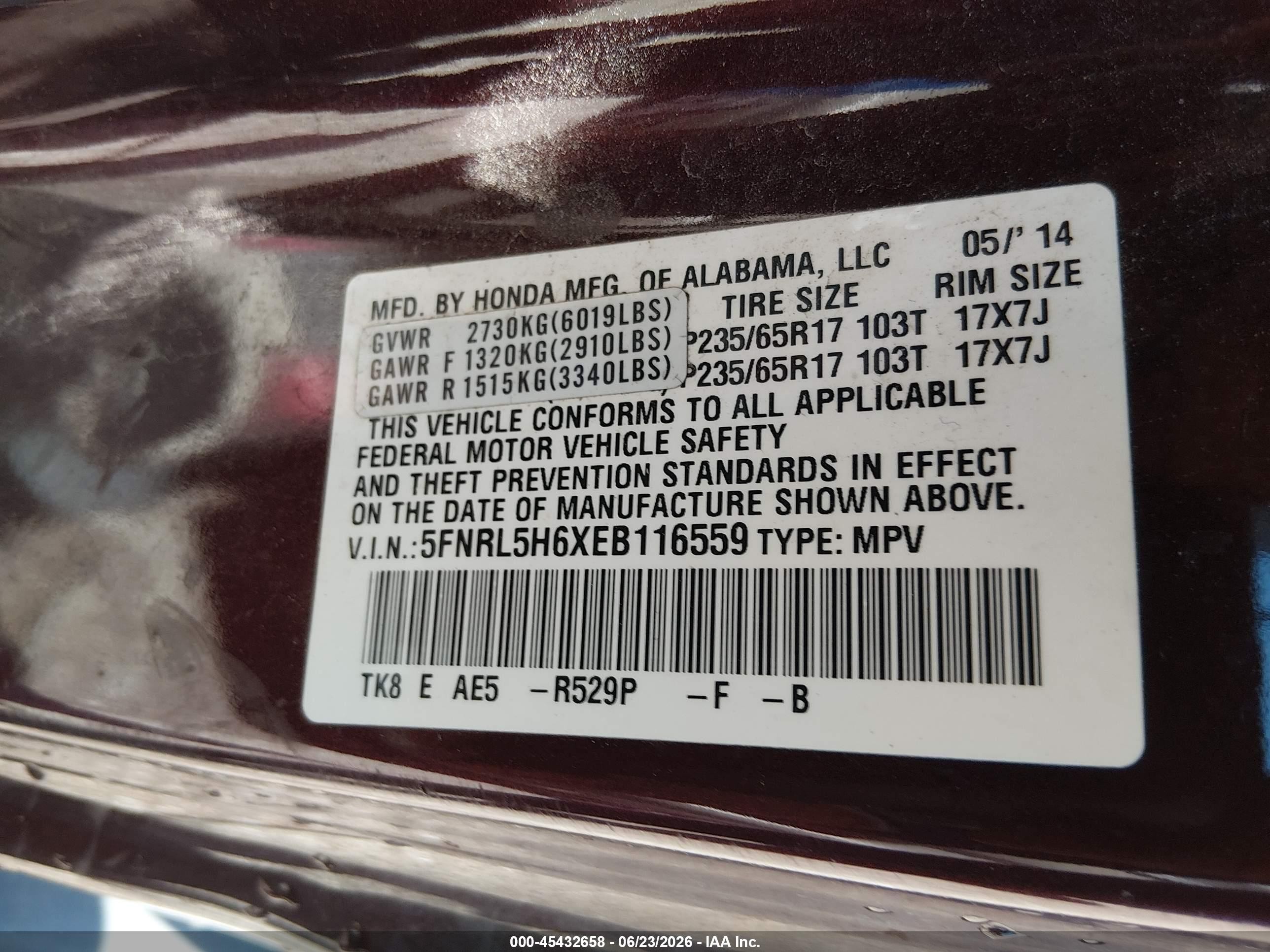 2014 Honda Odyssey Ex-l Maroon vin: 5FNRL5H6XEB116559