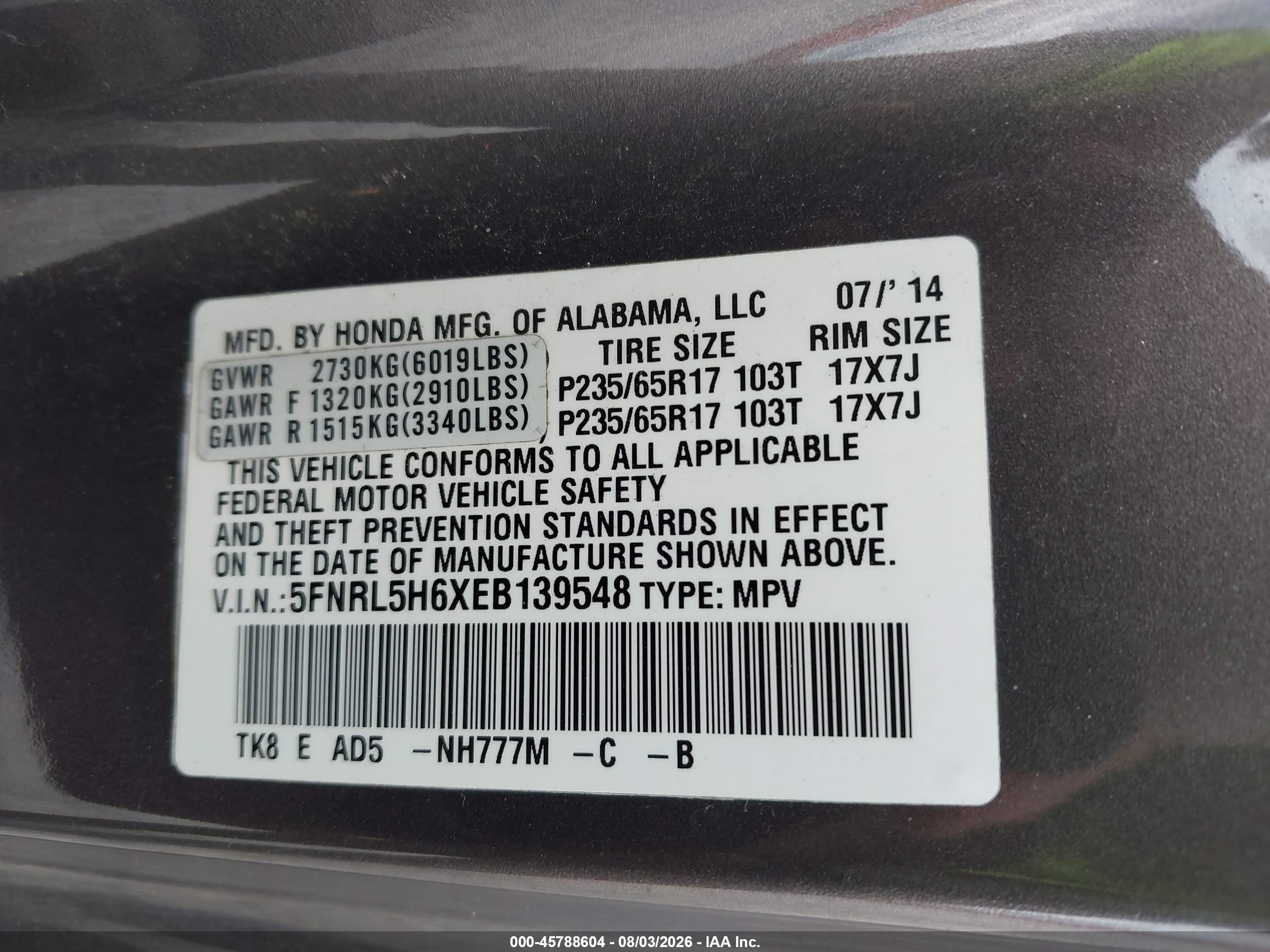 2014 Honda Odyssey Ex-l Gray vin: 5FNRL5H6XEB139548