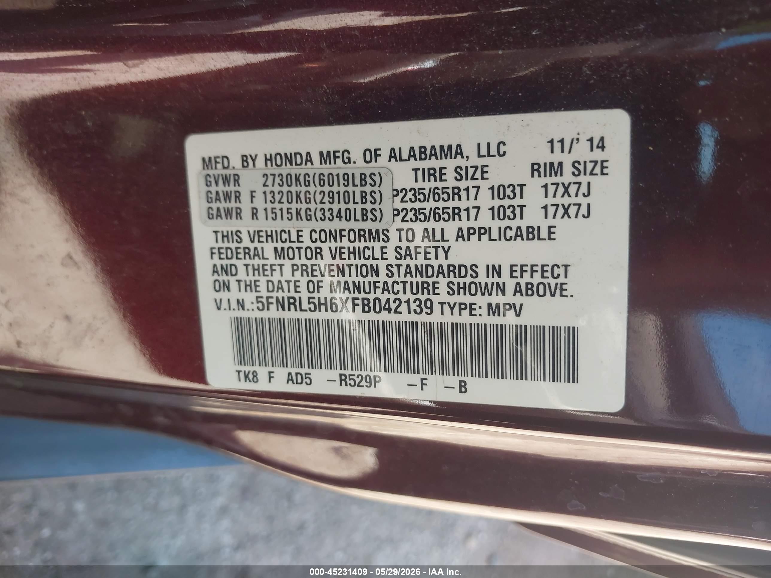 2015 Honda Odyssey Ex-l Burgundy vin: 5FNRL5H6XFB042139