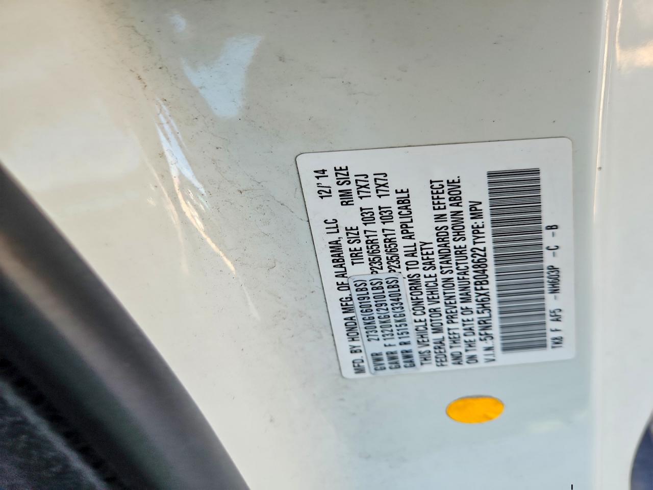 2015 Honda Odyssey Exl White vin: 5FNRL5H6XFB048622