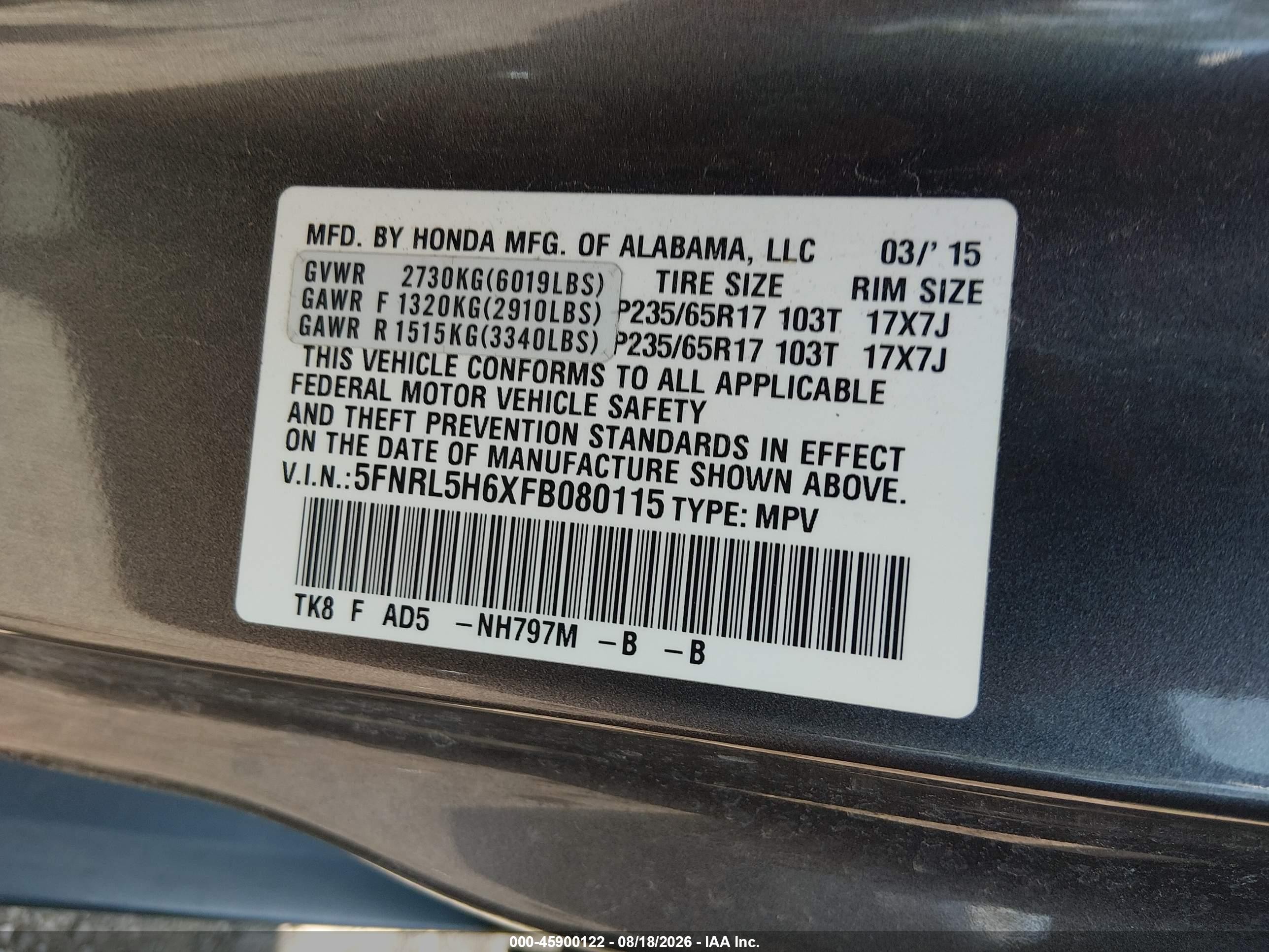 2015 Honda Odyssey Exl Gray vin: 5FNRL5H6XFB080115