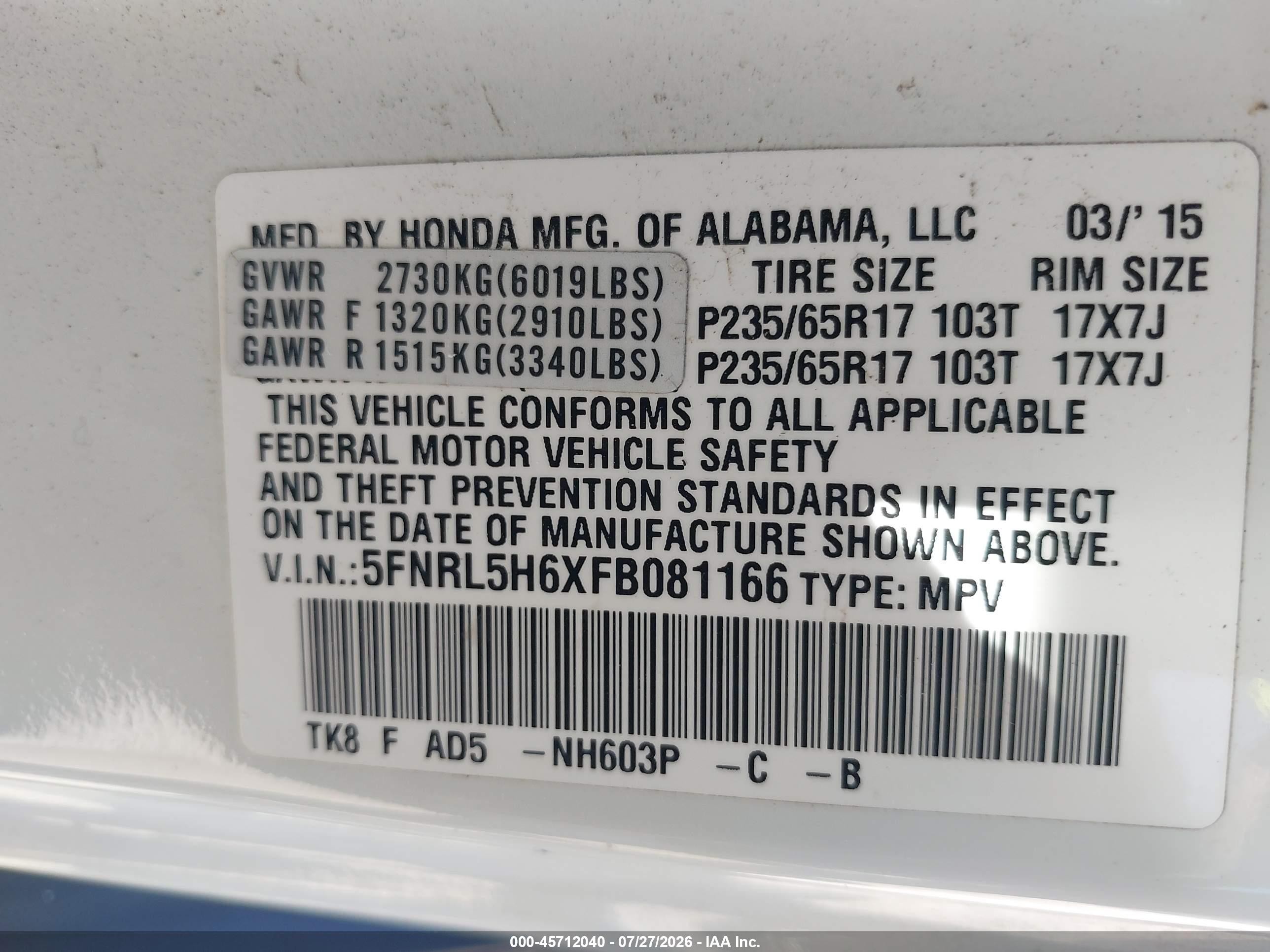 2015 Honda Odyssey Ex-l White vin: 5FNRL5H6XFB081166