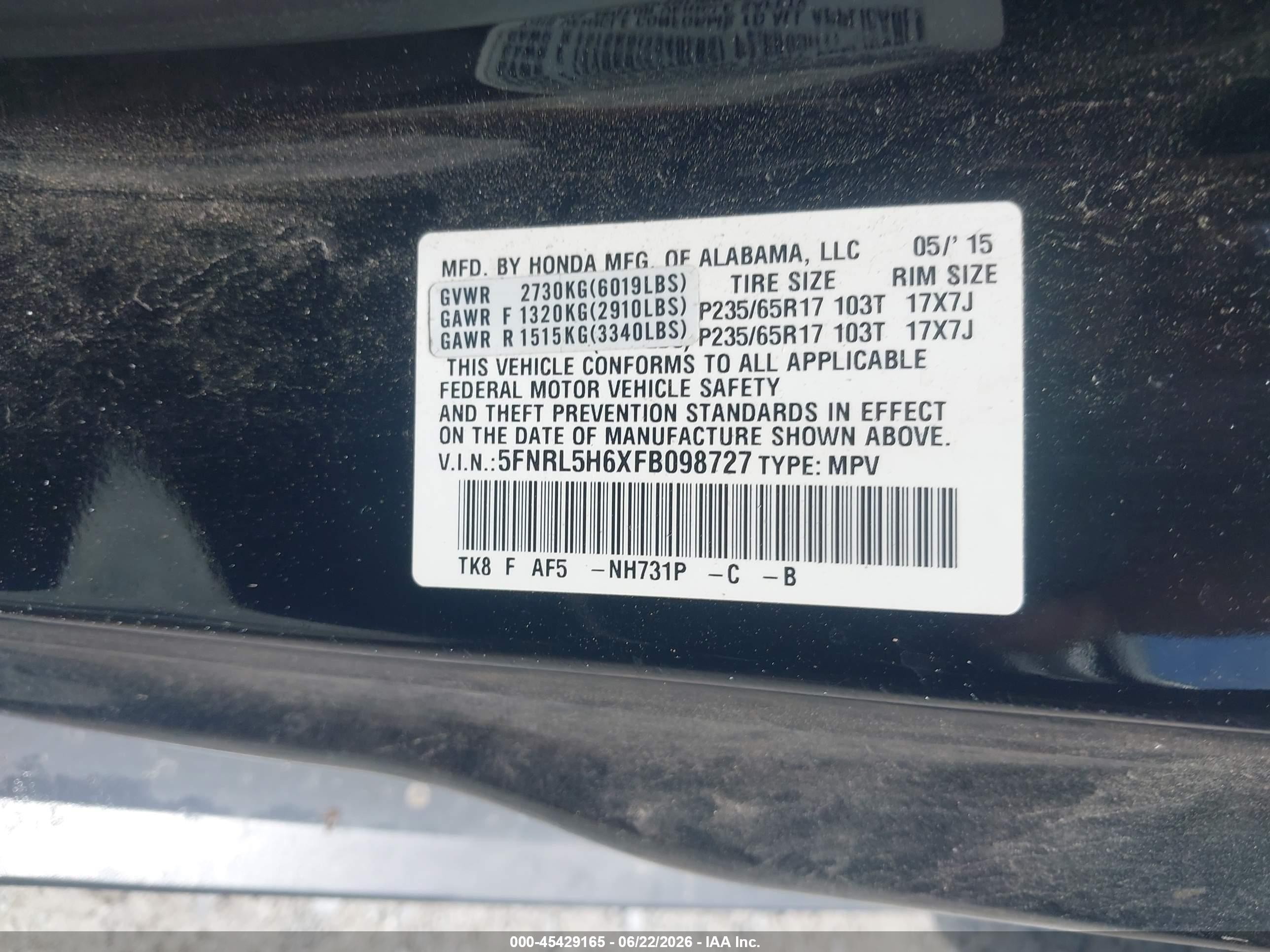 2015 Honda Odyssey Ex-l Black vin: 5FNRL5H6XFB098727