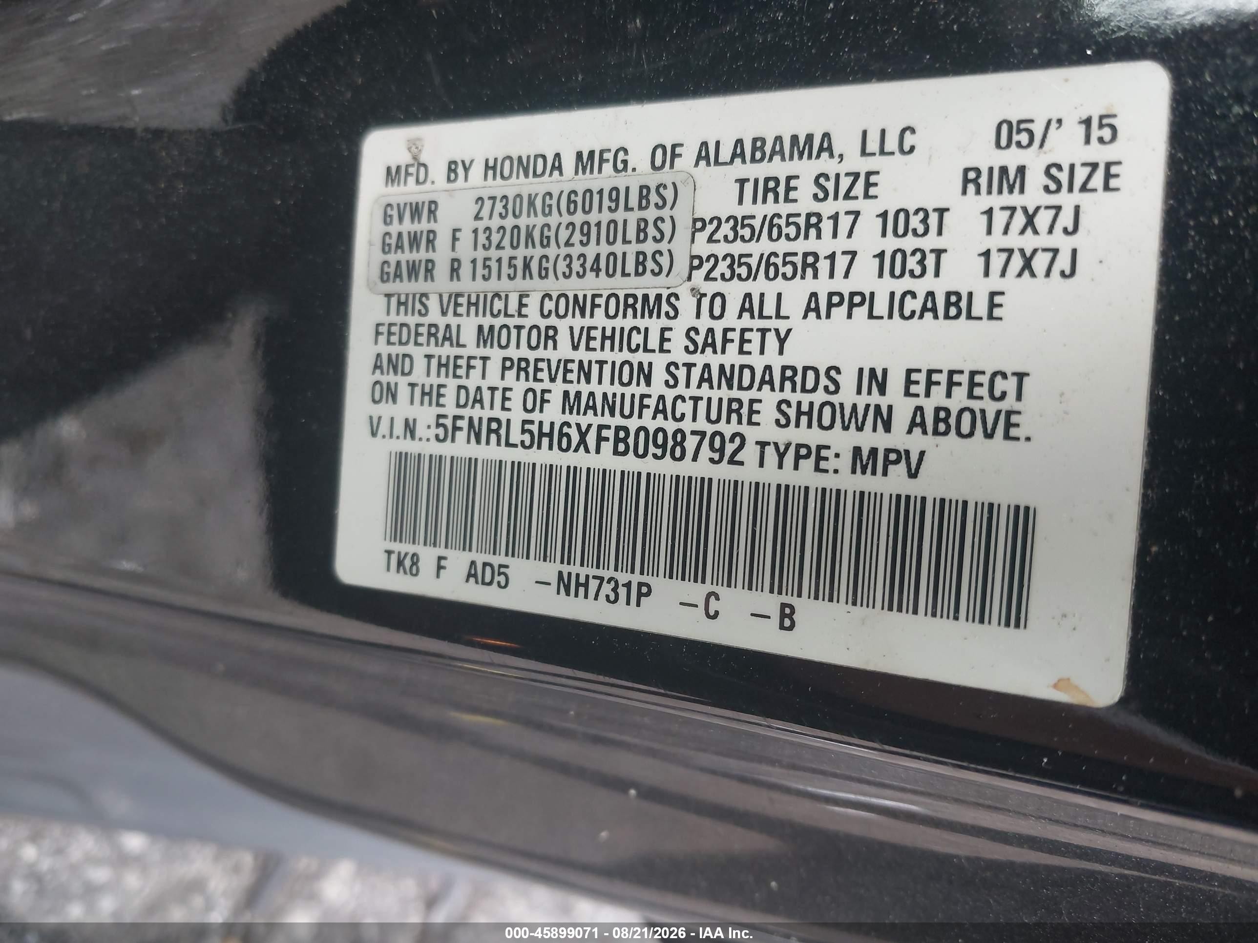 2015 Honda Odyssey Ex-l Black vin: 5FNRL5H6XFB098792